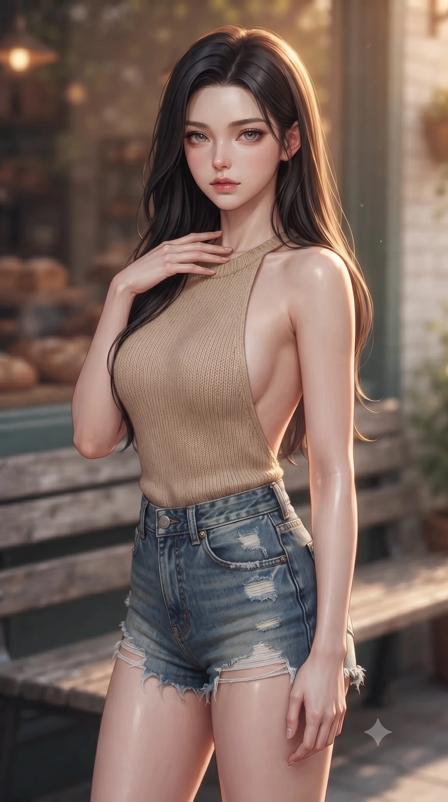 score_9, masterpiece, best quality, ultra-detailed, high-budget anime keyframe, editorial fashion photography, tasteful artistic composition, Korean woman woman. close-up cowboy shot from the waist and thighs up, the character dominates the composition, filling the frame with her large presence, background elements kept in soft focus. standing with one hand resting on her collarbone, looking at the viewer with bedroom-eyes the background shows a soft-focus a wooden bench outside a cozy bakery, with the scent of fresh bread in the soft focus air. She has an exceptionally elegant, slender, and willowy female figure with an ultra-slim waist, a gracefully sculpted slender torso, and a refined silhouette. sharp v-shaped jawline, high-bridge nose, intricate jewel-like eyes with depth, thick eyelashes, glossy lips with a natural sheen. wearing a body-hugging backless knit top in beige wool, paired with high-waisted denim shorts. warm morning sunbeams casting a cozy amber glow. ultra-reflective glossy finish, specular highlights, metallic sheen, high-contrast stereoscopic depth, volumetric dynamic lighting, 2k, ultra detail, master piece, 9:16 ratio