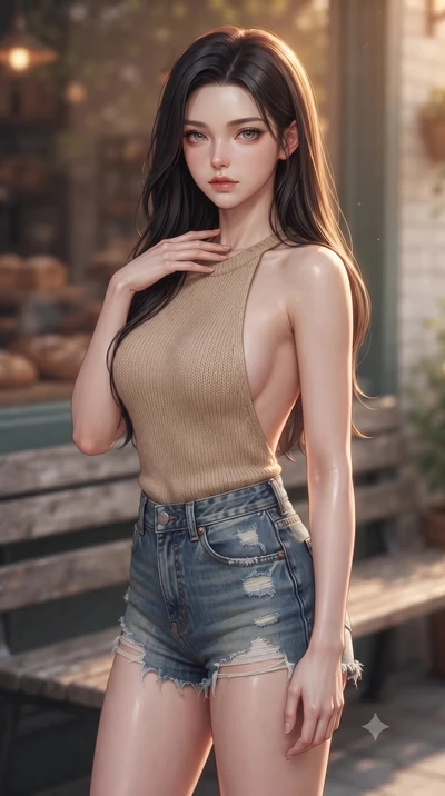 score_9, masterpiece, best quality, ultra-detailed, high-budget anime keyframe, editorial fashion photography, tasteful artistic composition, Korean woman woman. close-up cowboy shot from the waist and thighs up, the character dominates the compositi