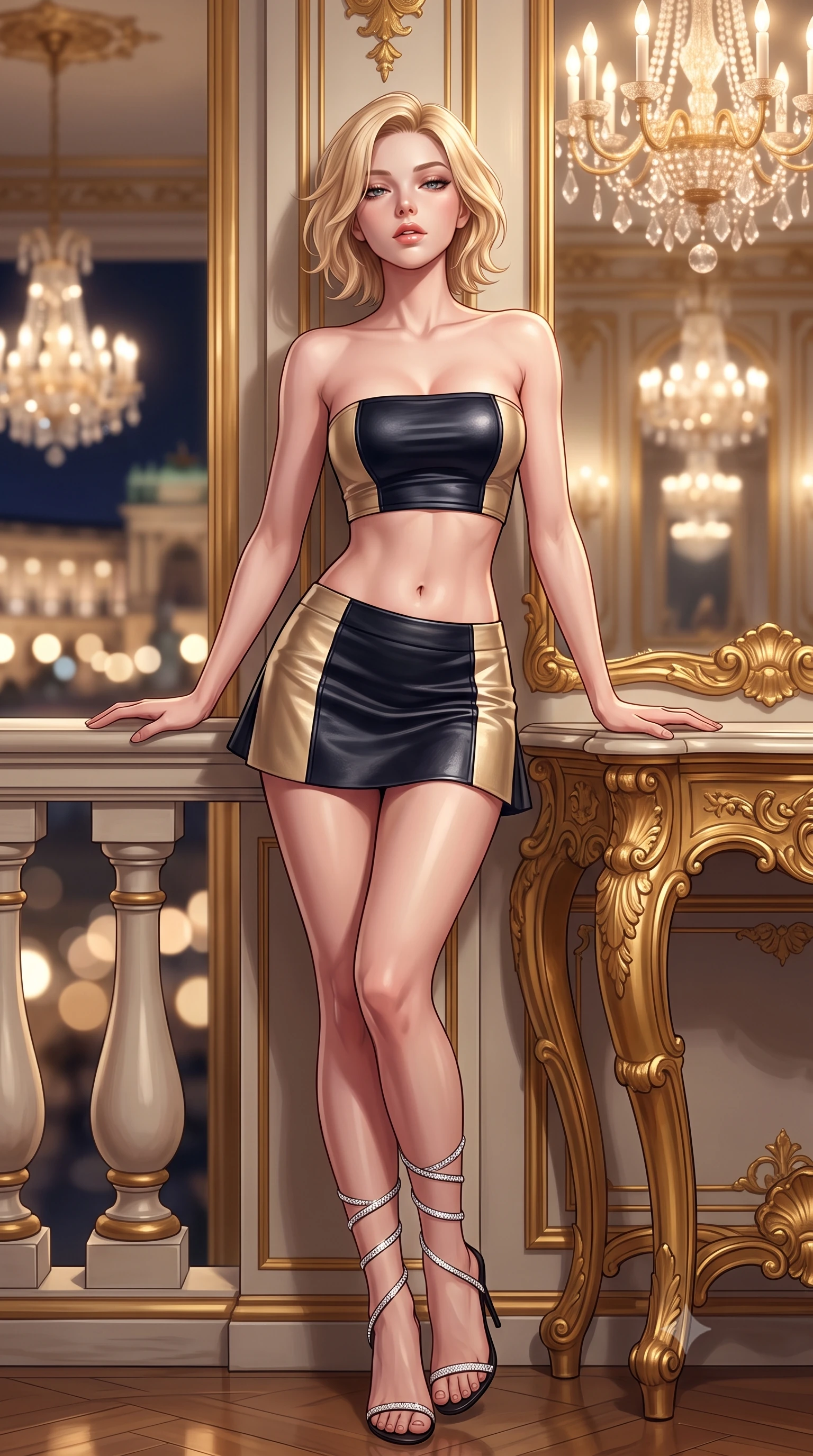 score_9, masterpiece, best quality, ultra-detailed, high-budget anime keyframe, semi-realistic 3D game render, editorial fashion photography, tasteful artistic composition, Caucasian woman. close-up cowboy shot from the waist and thighs up, the character dominates the composition, filling the frame with her large presence. leaning back against the balustrade with relaxed seductive grace, head tilted back slightly while casting a hypnotic, heavy-lidded gaze while leaning against the gilded console pier with hips cocked back, casting an intoxicating smoldering bedroom-gaze into the bevelled mirrors. The background shows a soft-focus infinite crystal chandelier reflections in tall French mirrors, gold-leaf rococo boiserie panels, and Heldenplatz square at night blurred into champagne, ivory, and gold bokeh. She has an exceptionally elegant, slender, and willowy female figure with an ultra-slim waist, flat toned midriff, narrow ribcage, and sculpted feminine hips creating an alluring, slim hourglass silhouette without bulk. sharp v-shaped jawline, high-bridge nose, intricate jewel-like sparkling eyes with depth, thick eyelashes, glossy parted lips with a natural peach sheen, bright cheerful beaming smile with an enchanting and coquettish sensual glint, exuding both youthful cute charm and seductive allure, flawlessly proportioned anatomical accuracy, strict slender model proportions, natural body alignment, perfectly sculpted long slender limbs, ultra-slim waistline, clean dynamic posture without body distortion. wearing an ultra-cropped fitted bandeau top paired with a micro mini tennis skirt revealing her flat midriff in deep midnight obsidian black and champagne gold, woven from buttery-soft stretch lambskin leather adhering to her body like a second skin, complemented by strappy stiletto sandals with crystal ankle wraps accentuating her slender calves, the glove-like clinging cut tightly following the natural contour of her hips and long slender legs with youthful 8.5-heads elegance. bathed in the sparkling multi-tiered illumination of antique Austrian crystal chandeliers dimmed to an evening glow. highly saturated vibrant anime colors, detailed shading with soft gradients, rich glossy textures, high-contrast stereoscopic depth, volumetric dynamic lighting, master piece, 9:16 ratio