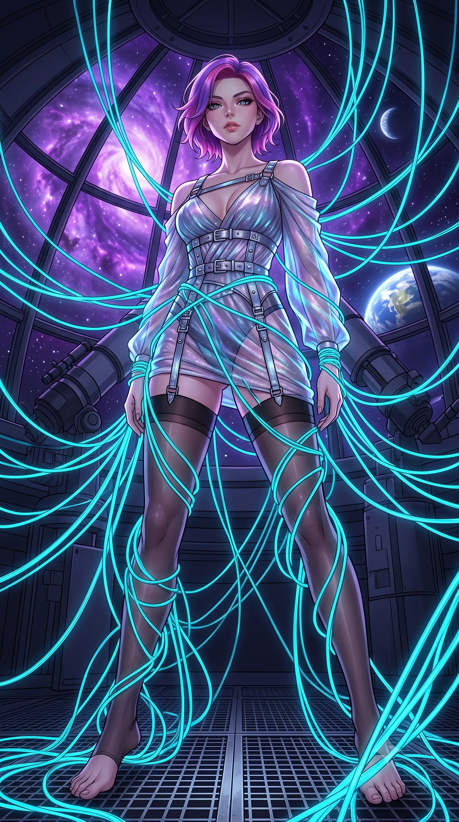 score_9, masterpiece, best quality, ultra-detailed, High-budget Anime Keyframe, Caucasian woman, strictly human ears. Low angle cowboy shot filling the entire 9:16 frame with her statuesque presence. Scenario 363: tangled in a web of glowing cyan fiber-optic cables inside a high-altitude observatory dome under a swirling violet nebula. Her presence is magnetic and overpowering in this high-budget anime scene. Outfit 363: a tailored shimmering chiffon garter with a low-cut shoulder and metallic buckles. The clothing is designed to emphasize her exceptionally tall and slender 8-heads proportion. 8-heads proportion, towering silhouette, ultra-slim waist. sharp v-shaped jawline, intricate jewel-like eyes with depth, thick eyelashes, glossy lips. 2k, ultra detail, master piece, 9:16 ratio