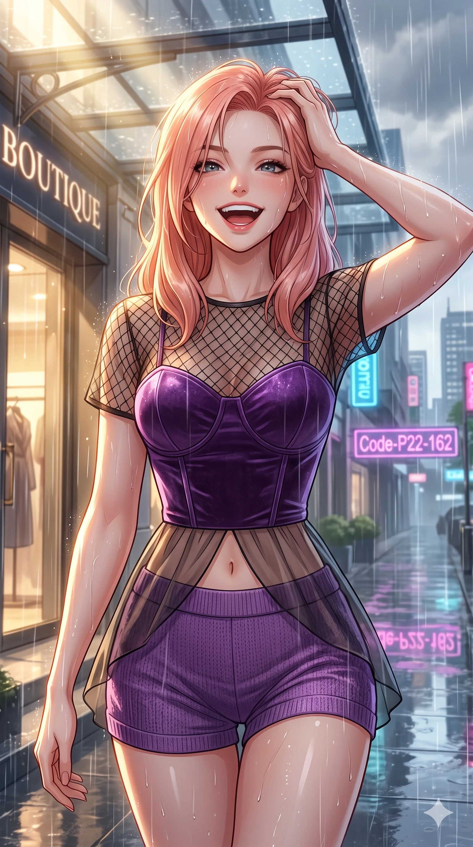 score_9, masterpiece, best quality, ultra-detailed, high-budget anime keyframe, vibrant anime aesthetic, Japanese woman. close-up cowboy shot from the waist and thighs up, the character dominates the composition, filling the frame with her large presence, background elements kept in soft focus. She is laughing happily while running her fingers through her hair in the rain, with her eyes bright and full of life with a captivating and confident presence. the background shows a soft-focus entrance of a high-fashion boutique with a glass awning, overlooking rain-slicked city streets reflecting neon signs (Code-P22-162). She has an absolutely perfect proportion, an exceptionally elegant and slender female figure with an ultra-slim waist. V-shaped jawline, high-bridge nose, intricate jewel-like eyes with depth, thick eyelashes, glossy lips with a natural sheen. wearing a delicate mesh overlay worn over a structured velvet bodice and knit shorts in amethyst purple and silk overlays. She is bathed in volumetric morning sunbeams piercing through rain clouds, accentuating her slender silhouette by the quiet garden pond. 2k, ultra detail, master piece, 9:16 ratio