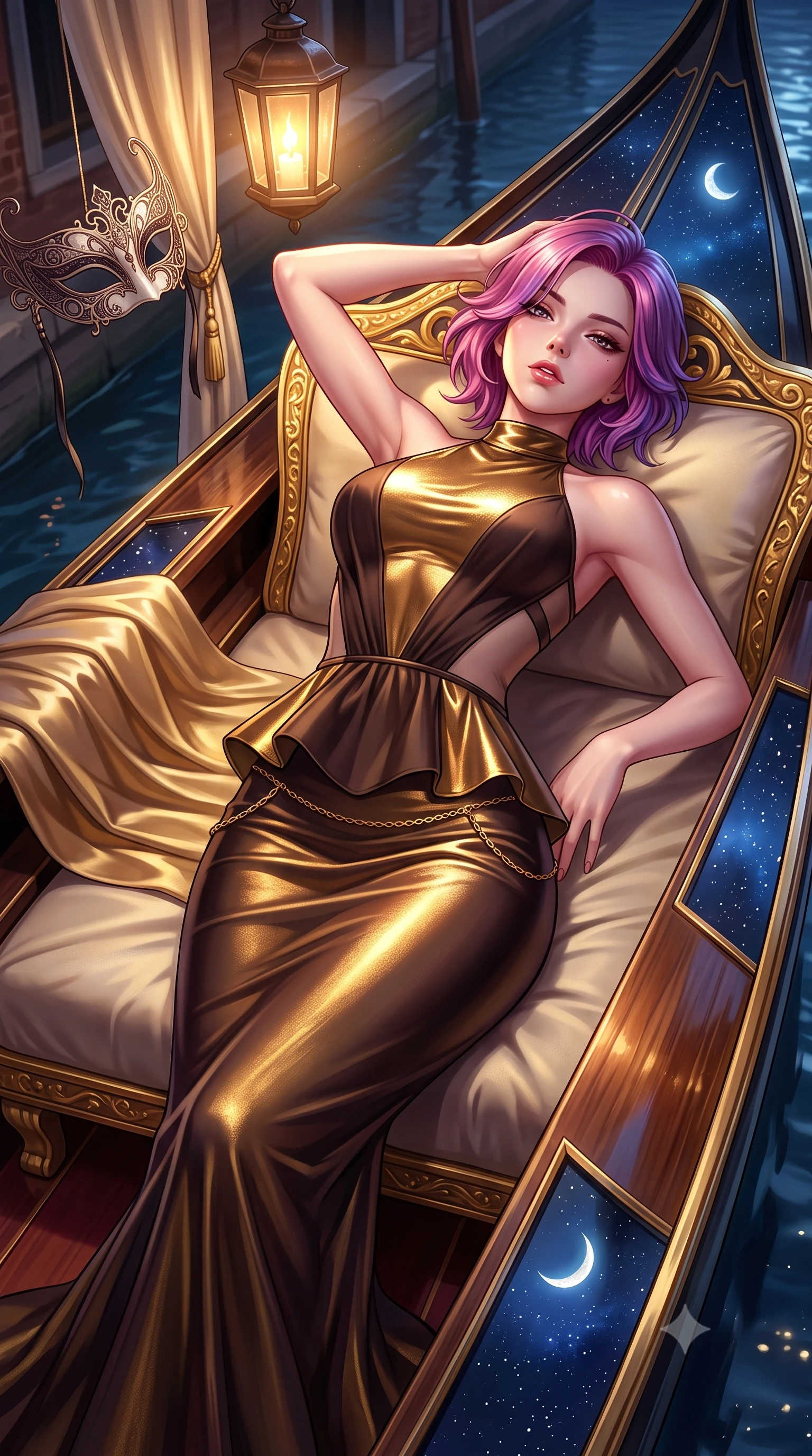 score_9, masterpiece, best quality, ultra-detailed, high-budget anime keyframe, semi-realistic 3D game render, editorial fashion photography, tasteful artistic composition, Caucasian woman. close-up cowboy shot from the waist and thighs up, the character dominates the composition, filling the frame with her large presence. arching her spine backward with effortless dancer poise, one hand sliding along her hip line as directional light carves specular highlights along her silhouette while stretching languidly on the gondola daybed with hands raised behind her head, parted glossy lips reflecting flickering lantern glow. The surrounding environment is rendered in vivid detail and crisp panoramic clarity. detailed mask filigree, silk dress drape folds, and starry night sky reflections in high resolution. She has an exceptionally elegant, slender, and willowy female figure with an ultra-slim waist, flat toned midriff, narrow ribcage, and sculpted feminine hips creating an alluring, slim hourglass silhouette without bulk. sharp v-shaped jawline, high-bridge nose, intricate jewel-like eyes with depth, thick eyelashes, glossy parted lips with a natural sheen, intensely captivating and seductive bedroom-eyes expression, flawlessly proportioned anatomical accuracy, strict slender model proportions, natural body alignment, perfectly sculpted long slender limbs, ultra-slim waistline, clean dynamic posture without body distortion. wearing a structural geometric peplum gown with sheer side-ribbon cutouts and form-fitting skirt in dark espresso brown and molten gold foil, crafted from luxurious metallic lamé that shifts radiance with every step, accented with a delicate gold chain belt resting loosely on her curvy hips, the liquid-tight tailored fabric clinging flawlessly to her narrow waist and rounded feminine hips, emphasizing every millimeter of her sculpted slim hourglass curves without any bulky heaviness. illuminated by crisp specular highlights defining her slender neckline, ultra-slim waist, and curvy hips. highly saturated vibrant anime colors, detailed shading with soft gradients, rich glossy textures, high-contrast stereoscopic depth, volumetric dynamic lighting, master piece, 9:16 ratio