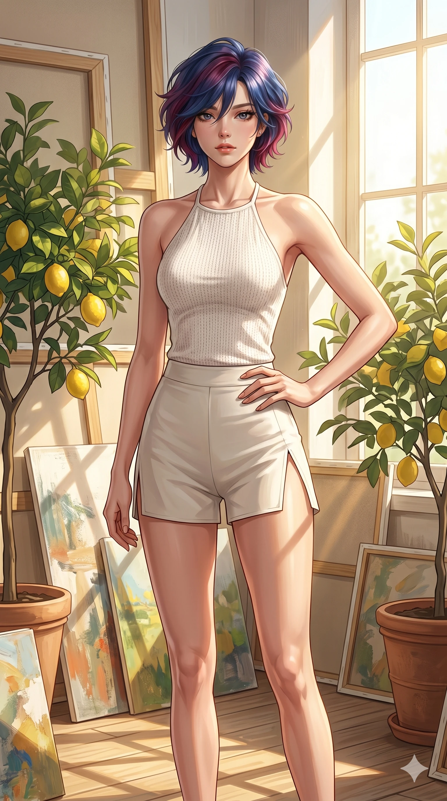 score_9, masterpiece, best quality, ultra-detailed, high-budget anime keyframe, editorial fashion photography, tasteful artistic composition, Korean woman. cowboy shot from the thighs up, character and outfit filling the frame for maximum editorial presence. resting her hand on her hip, looking directly into the camera with quiet self-assurance inside a sun-washed art atelier with canvasses and lemon trees (Code-P16-113). She has an absolutely perfect 8-heads proportion, an exceptionally tall and slender female figure with impossibly long slender legs and an ultra-slim waist. V-shaped jawline, high-bridge nose, intricate jewel-like eyes with depth, thick eyelashes, glossy lips with a natural sheen. wearing a white knit halter top showing her elegant clavicle lines, paired with high-slit shorts. drenched in brilliant afternoon sunshine, casting warm rays that trace her athletic build. 2k, ultra detail, master piece, 9:16 ratio