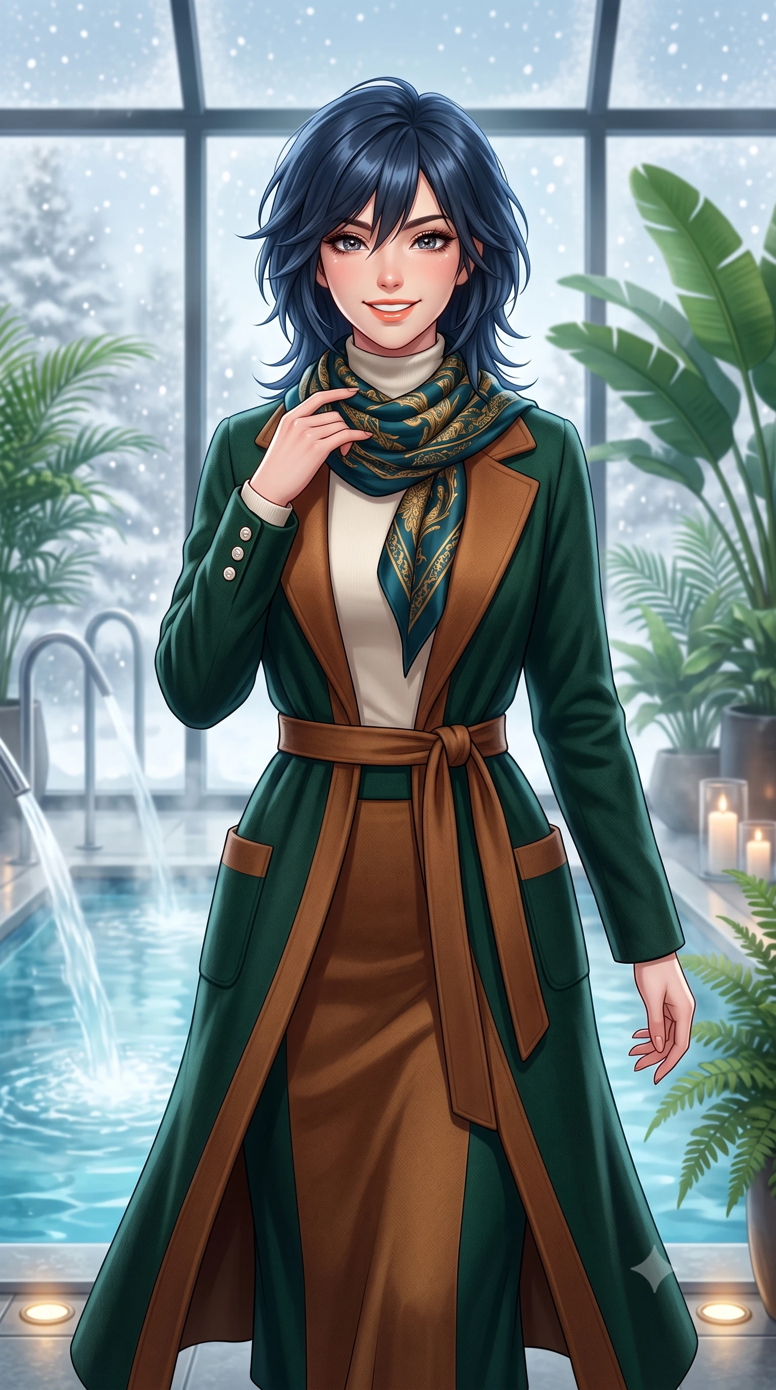 score_9, masterpiece, best quality, ultra-detailed, high-budget anime keyframe, semi-realistic 3D game render, editorial fashion photography, tasteful artistic composition, Caucasian woman. close-up cowboy shot from the waist and thighs up, the character dominates the composition, filling the frame with her large presence. touching her silk scarf with delicate fingertips while casting an affectionate, warm glance toward the lens while walking past steaming indoor hydrotherapy fountains toward the glass wall looking out at falling snow, turning with radiant poise. The background shows a soft-focus steaming outdoor snow pools seen through glass, lush indoor banana palms and ferns, and soft candlelight blurred into jade, azure, and vaporous white bokeh. She has an exceptionally elegant, slender, and willowy female figure with an ultra-slim waist, flat toned midriff, narrow ribcage, and sculpted feminine hips creating an alluring, slim hourglass silhouette without bulk. sharp v-shaped jawline, high-bridge nose, intricate jewel-like sparkling eyes with depth, thick eyelashes, glossy parted lips with a natural peach sheen, bright cheerful beaming smile with an enchanting and coquettish sensual glint, exuding both youthful cute charm and seductive allure, flawlessly proportioned anatomical accuracy, strict slender model proportions, natural body alignment, perfectly sculpted long slender limbs, ultra-slim waistline, clean dynamic posture without body distortion. wearing a luxurious longline cashmere cardigan coat with a belted waist worn over an ivory turtleneck and wool midi skirt in heritage British racing green and warm cognac brown, made of luxurious brushed wool flannel with rich textural depth and clean structure, finished with fine mother-of-pearl cuff buttons catching the soft ambient light, the streamlined silhouette following her natural slender proportions with sophisticated poise, enhancing her tall willowy presence. bathed in calm diffused winter daylight filtering through steamy glass panes combined with warm 2800K recessed floor lights. highly saturated vibrant anime colors, detailed shading with soft gradients, rich glossy textures, high-contrast stereoscopic depth, volumetric dynamic lighting, master piece, 9:16 ratio