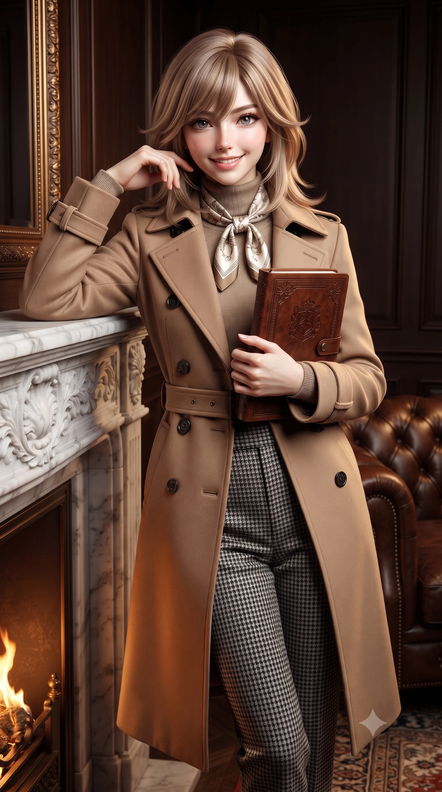 score_9, masterpiece, best quality, ultra-detailed, high-budget anime keyframe, editorial fashion photography, tasteful artistic composition, Japanese woman. close-up cowboy shot from the waist and thighs up, the character dominates the composition, filling the frame with her large presence. holding a leather notebook close to her chest with both arms, smiling delightfully with youthful scholarly grace while standing poised beside the roaring marble fireplace, resting one elbow gracefully on the mantelpiece with sovereign aristocratic ease. The surrounding environment is rendered in vivid detail and crisp panoramic clarity: sharp carved Carrara marble fireplace mantel relief, diamond-tufted leather button creases, and hand-knotted wool rug pile in deep focus. She has an exceptionally elegant, slender, and willowy female figure with an ultra-slim waist, flat toned midriff, narrow ribcage, and sculpted feminine hips creating an alluring, slim hourglass silhouette without bulk. sharp v-shaped jawline, high-bridge nose, intricate jewel-like sparkling eyes with depth, thick eyelashes, glossy parted lips with a natural peach sheen, bright cheerful beaming smile with an enchanting and coquettish sensual glint, exuding both youthful cute charm and seductive allure, flawlessly proportioned anatomical accuracy, strict slender model proportions, natural body alignment, perfectly sculpted long slender limbs, ultra-slim waistline, clean dynamic posture without body distortion. wearing a classic double-breasted trench coat with a cinched waist belt worn over a fine-knit cashmere turtleneck and tailored trousers in classic Savile Row charcoal houndstooth and crisp ivory, tailored from heavyweight double-faced wool with clean architectural edges, finished with a printed silk twilly scarf knotted gracefully around her neck, the bespoke architectural tailoring hugging her natural waistline with sartorial precision, creating a clean graceful hourglass silhouette with tall model elegance. illuminated by dark wood paneling reflection bounce and warm amber rim lights sculpting her cheekbones, waistline, and slender posture. ultra-reflective glossy finish, specular highlights, rich textural contrasts, high-contrast stereoscopic depth, volumetric dynamic lighting, 2k, ultra detail, master piece, 9:16 ratio