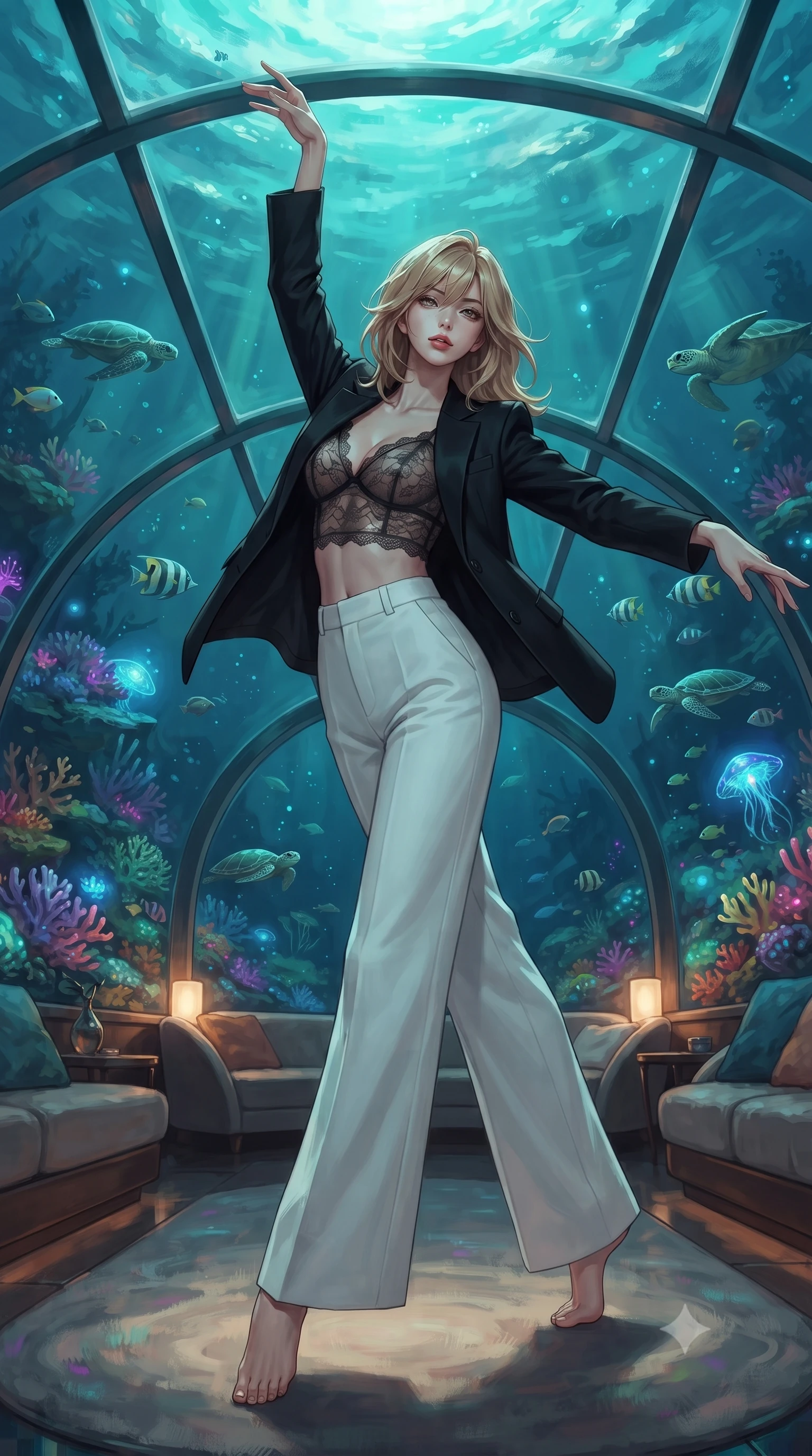 score_9, masterpiece, best quality, ultra-detailed, high-budget anime keyframe, editorial fashion photography, tasteful artistic composition, Japanese woman. low angle full-body shot from head to toe showing her feet, filling the entire 9:16 vertical frame with her statuesque presence, stretching her vertical silhouette. twirling with balletic elegance inside inside a transparent dome lounge resting on the ocean floor with colorful coral reef gardens surrounding it tropical fish and sea turtles gliding past the curved glass walls and bioluminescent creatures pulsing in the deep. She has a statuesque 8.5-heads proportion, an exceptionally tall, slender and willowy model-like build with impossibly long legs and a highly sculpted ultra-slim waist. sharp v-shaped jawline, high-bridge nose, intricate jewel-like eyes with depth, thick eyelashes, glossy lips with a natural sheen. wearing a black blazer layered over a sheer lace crop top and high-waisted white wide-leg trousers. filtered blue-green ocean light from above with bioluminescent creatures providing accent glows in blue and green and warm interior lounge lighting creating an intimate contrast. 2k, ultra detail, master piece, 9:16 ratio