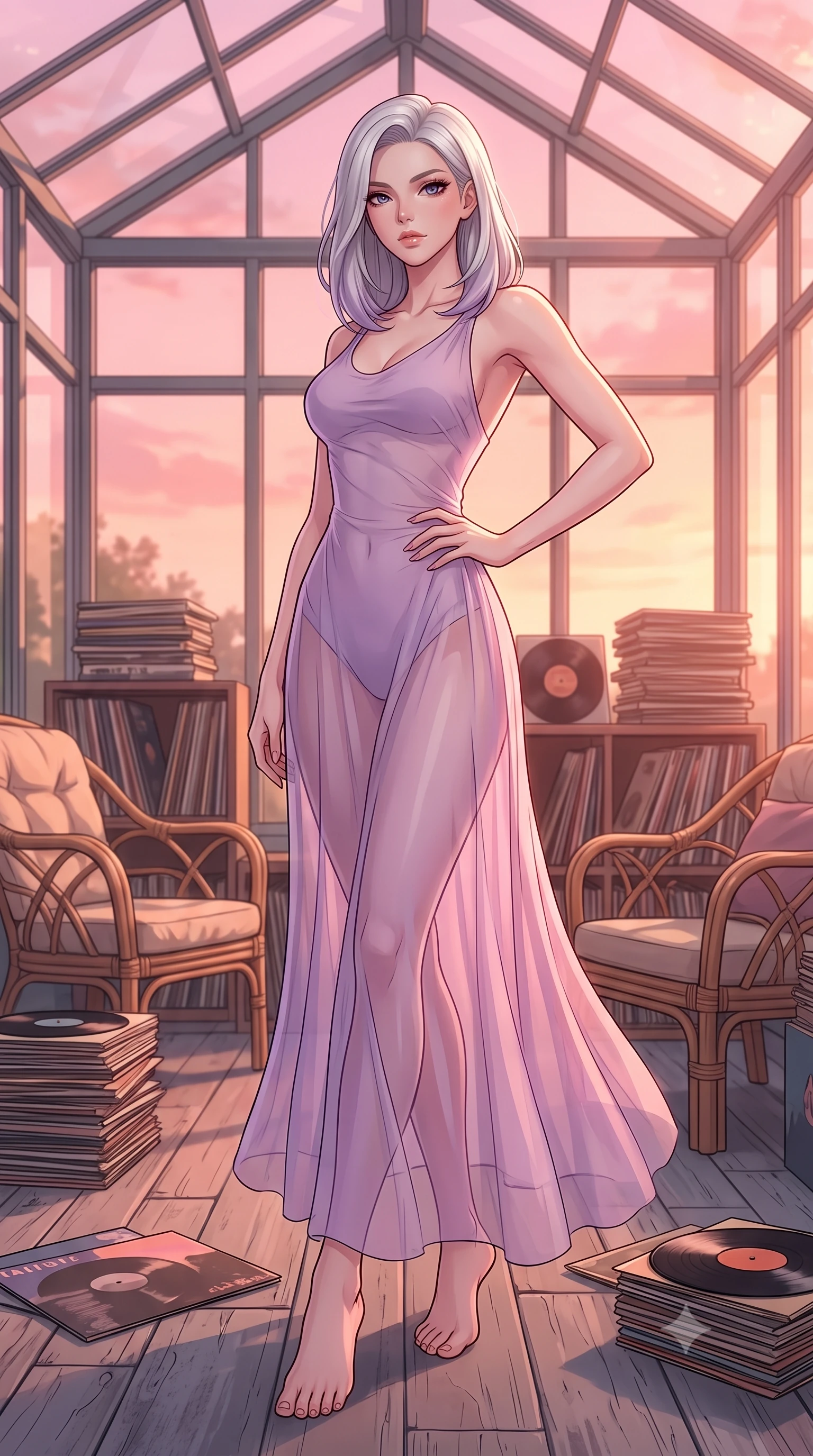 score_9, masterpiece, best quality, ultra-detailed, high-budget anime keyframe, tasteful artistic composition, Caucasian woman. low angle full-body shot from head to toe showing her feet, filling the entire 9:16 vertical frame with her statuesque presence, stretching her vertical silhouette. posing confidently with one hand on her hip, stretching her statuesque body to emphasize her curves the background shows a soft-focus a glass-walled sunroom filled with vintage records and comfortable rattan chairs. She has an absolutely perfect, statuesque 8.5-heads proportion, an exceptionally tall and slender model-like female figure with impossibly long slender legs and an ultra-slim waist. sharp v-shaped jawline, high-bridge nose, intricate jewel-like eyes with depth, thick eyelashes, glossy lips with a natural sheen. wearing a slim-fit semi-transparent chiffon maxi dress in lavender, showing her silhouette through the sheer fabric. soft pink and amber sunset glow painting the room in a romantic wash. highly saturated vibrant anime colors, cel-shading, 2d style, master piece, 9:16 ratio