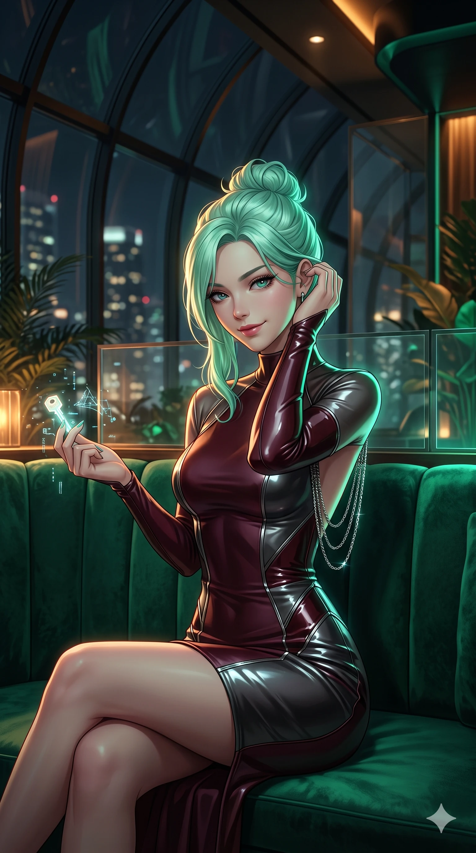 score_9, masterpiece, best quality, ultra-detailed, high-budget anime keyframe, semi-realistic 3D game render, editorial fashion photography, tasteful artistic composition, Japanese woman. close-up cowboy shot from the waist and thighs up, the character dominates the composition, filling the frame with her large presence. gently brushing a lock of hair behind her ear while casting a playful, flirtatious side-gaze with long eyelashes while sitting poised in a plush emerald velvet booth with legs crossed, holding a glowing cryptographic key while flashing a subtle, dangerous smile. The background shows a soft-focus exclusive high-stakes solarium atmosphere softened in private penthouse lounge shallow focus. She has an exceptionally elegant, slender, and willowy female figure with an ultra-slim waist, flat toned midriff, narrow ribcage, and sculpted feminine hips creating an alluring, slim hourglass silhouette without bulk. sharp v-shaped jawline, high-bridge nose, intricate jewel-like sparkling eyes with depth, thick eyelashes, glossy parted lips with a natural sheen, intensely captivating and seductive bedroom-eyes expression, exuding both youthful cute charm and sovereign luxury allure, flawlessly proportioned anatomical accuracy, strict slender model proportions, natural body alignment, perfectly sculpted long slender limbs, ultra-slim waistline, clean dynamic posture without body distortion. wearing a glove-like stretch lambskin leather sheath dress accentuating her ultra-slim waistline without bulk in deep wine burgundy and brushed dark platinum, tailored from high-gloss patent leather with mirror-like specular highlights, accented with an open-back drape framed by falling strands of delicate chrome chains, the bespoke structured tailoring following the natural line of her 8.5-heads silhouette with refined elegance. illuminated by polished table bounce and sharp emerald-amber rim lights defining her razor-sharp jawline, narrow waist, and curvy hips. highly saturated vibrant anime colors, detailed shading with soft gradients, rich glossy textures, high-contrast stereoscopic depth, volumetric dynamic lighting, master piece, 9:16 ratio