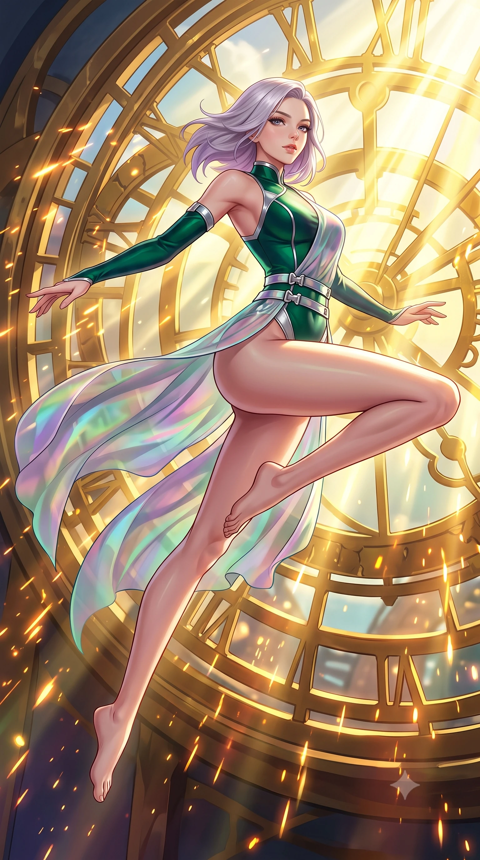 score_9, masterpiece, best quality, ultra-detailed, high-budget anime keyframe, editorial fashion photography, tasteful artistic composition, Caucasian woman. low angle full-body shot from head to toe showing her feet, filling the entire 9:16 vertical frame with her statuesque presence, stretching her vertical silhouette. leaping gracefully through mid-air with statuesque elegance, her impossibly long slender legs stretched in perfect balance while leaping through intense volumetric sunbeams filtering through a giant golden solar clockwork, blazing solar flare sparks falling like a golden shower around her statuesque figure. She has an absolutely perfect, statuesque 8.5-heads proportion, an exceptionally tall and slender model-like female figure with impossibly long slender legs and an ultra-slim waist. sharp v-shaped jawline, high-bridge nose, intricate jewel-like eyes with depth, thick eyelashes, glossy lips with a natural sheen, flawlessly proportioned anatomical accuracy, natural body alignment, perfectly sculpted elegant limbs, clean dynamic posture without body distortion. wearing an asymmetrical high-cut tech-bodysuit with detached sleeves in deep emerald green and silver accent, crafted from iridescent chiffon that shifts colors in the light, detailed with polished silver buckles along the waistline, the elegant draped fit framing her graceful clavicle and slender torso. illuminated by a majestic golden key light casting sharp dynamic shadow grids. highly saturated vibrant anime colors, detailed shading with soft gradients, rich glossy textures, high-contrast stereoscopic depth, volumetric dynamic lighting, master piece, 9:16 ratio