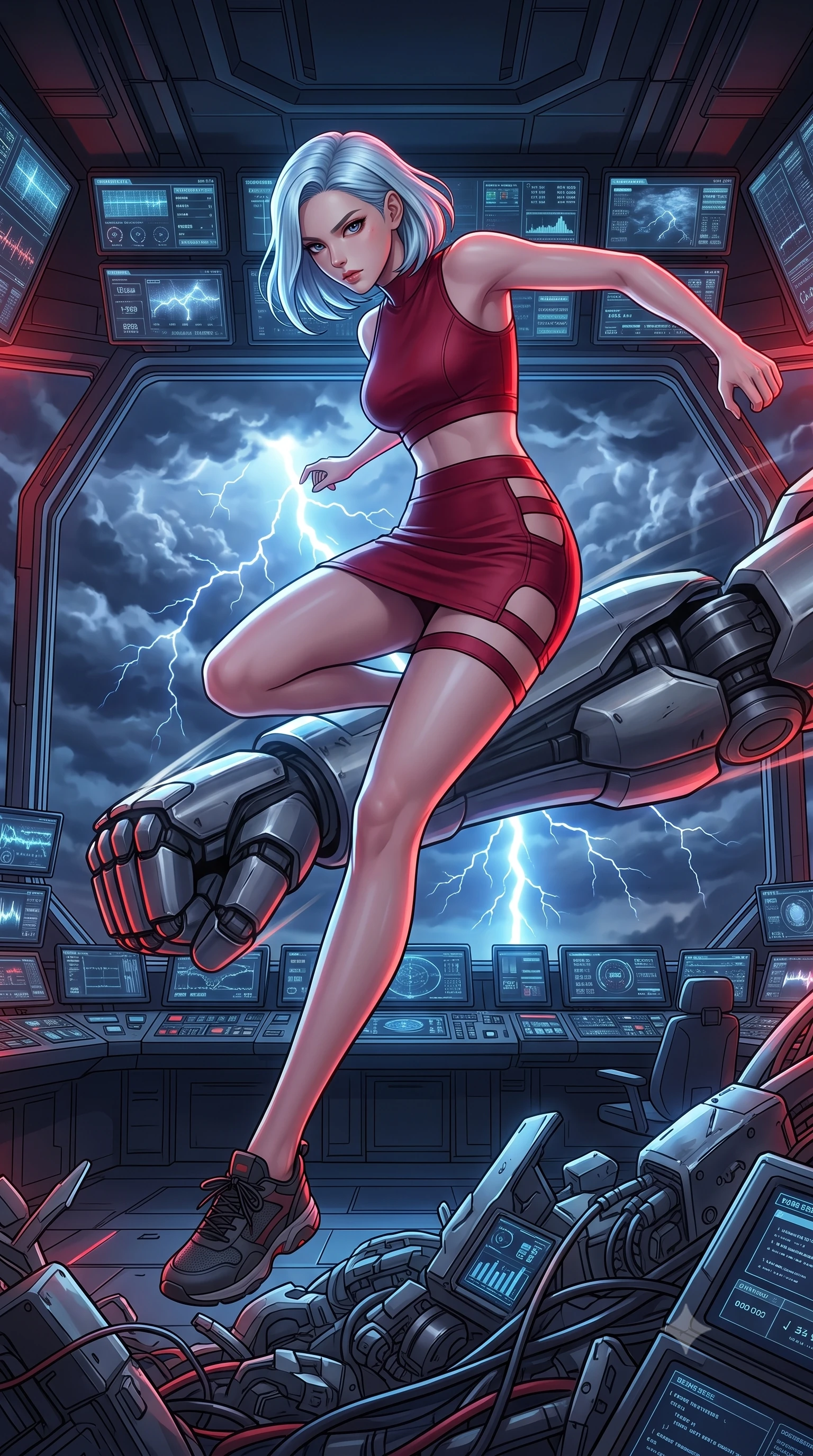 score_9, masterpiece, best quality, ultra-detailed, high-budget anime keyframe, editorial fashion photography, tasteful artistic composition, Korean woman. low angle full-body shot from head to toe showing her feet, filling the entire 9:16 vertical frame with her statuesque presence, stretching her vertical silhouette. acrobatically dodging a heavy mech's swipe by vaulting off a pile of cybernetic debris through a control deck lined with monitoring screens, overseeing a massive lightning storm contained below the cloud deck. She has a statuesque 8.5-heads proportion, an exceptionally tall, slender and willowy model-like build with impossibly long legs and a highly sculpted ultra-slim waist. sharp v-shaped jawline, high-bridge nose, intricate jewel-like eyes with depth, thick eyelashes, glossy lips with a natural sheen. wearing tailored for maximum mobility, sleek form-contouring panels that allow fluid movement, a slim-fit matte crimson crop top paired with a matching high-waist mini skirt featuring side waist cutouts and thigh straps. highly saturated vibrant anime colors, intense vivid color palette, soft 3D volumetric shading, volumetric dynamic lighting, soft glowing ambient light with sharp side key light tracing the sleek contours of her figure. 2k, ultra detail, master piece, 9:16 ratio