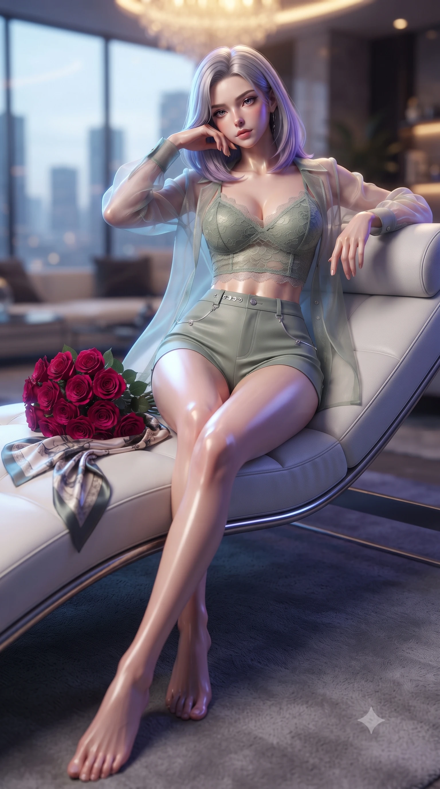 score_9, masterpiece, best quality, ultra-detailed, high-budget anime keyframe, editorial fashion photography, tasteful artistic composition, Caucasian woman. low angle full-body shot from head to toe showing her feet, filling the entire 9:16 vertical frame with her statuesque presence, stretching her vertical silhouette. relaxing on a sunbed with relaxed elegance, her slender figure stretching out gracefully under the warm glow set against a soft-focus background of inside an exclusive penthouse suite with a bouquet of crimson roses and a silk scarf resting on the leather seat. She has an absolutely perfect, statuesque 8.5-heads proportion, an exceptionally tall and slender model-like female figure with impossibly long slender legs and an ultra-slim waist. sharp v-shaped jawline, high-bridge nose, intricate jewel-like eyes with depth, thick eyelashes, glossy lips with a natural sheen. wearing body-hugging sage green delicate lace delicate lace-trim crop top worn under a sheer organza cardigan with high-waist micro-shorts accented with delicate silver hardware. drenched in dramatic neon rim-lighting that traces the sleek contours of her figure. ultra-reflective glossy finish, specular highlights, metallic sheen, high-contrast stereoscopic depth, volumetric dynamic lighting, 2k, ultra detail, master piece, 9:16 ratio