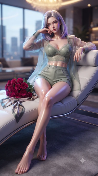 score_9, masterpiece, best quality, ultra-detailed, high-budget anime keyframe, editorial fashion photography, tasteful artistic composition, Caucasian woman. low angle full-body shot from head to toe showing her feet, filling the entire 9:16 vertica
