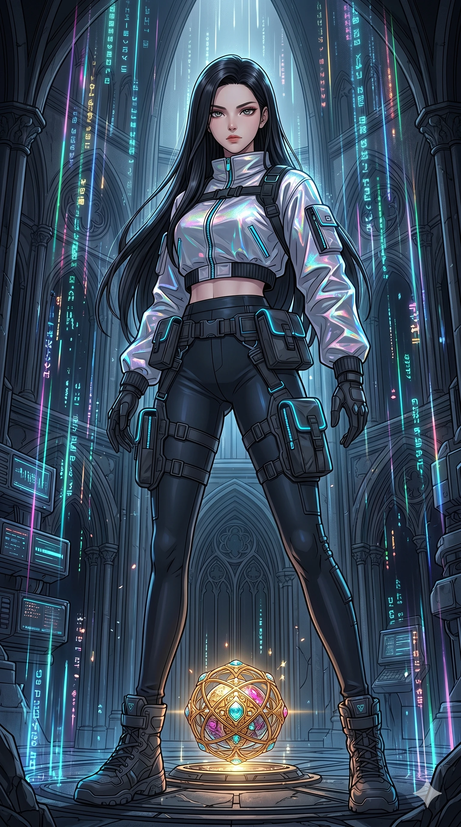 score_9, masterpiece, best quality, ultra-detailed, high-budget anime movie keyframe, cinematic anime lighting, intricate line art, Caucasian (strictly human ears) woman. Dynamic full-body shot stretching the vertical silhouette across the 9:16 frame. defending a sacred relic in a gothic obsidian tower with holographic rain. She has an absolutely perfect 8-heads proportion, an exceptionally tall and slender female figure with an ultra-slim waist and impossibly long slender legs. sharp v-shaped jawline, high-bridge nose, intricate jewel-like eyes, thick eyelashes, glossy lips. Wearing modern urban tech-wear ensemble with a cropped reflective bomber jacket, ultra-slim high-waisted cargo leggings, and tactical harness with neon-lit pouches. The scene is illuminated by dramatic atmospheric lighting and vibrant color palettes. , 2k, ultra detail, master piece, 9:16 ratio