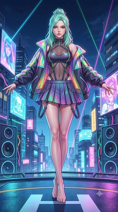 score_9, masterpiece, best quality, ultra-detailed, high-budget anime keyframe, semi-realistic 3D game render, editorial fashion photography, tasteful artistic composition, Japanese woman. low angle full-body shot from head to toe showing her feet, f