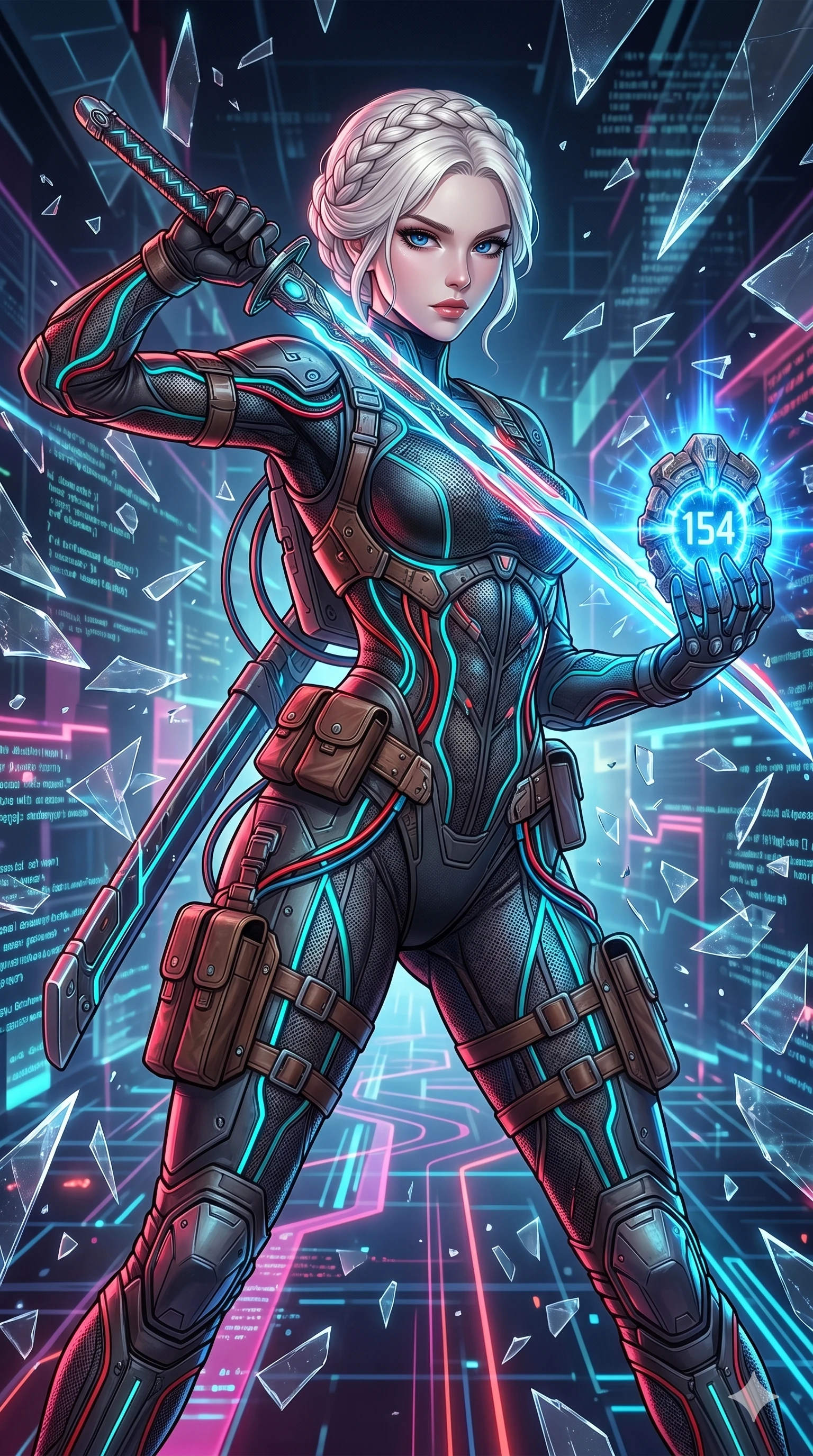 score_9, masterpiece, best quality, ultra-detailed, Set A: High-budget Anime Keyframe, Japanese woman. Low angle cowboy shot filling the entire 9:16 frame with her statuesque presence. Drawing a blade through a virtual reality void, holding a relic that pulses with the frequency 154 and surrounded by shattered glass fragments. She has an absolutely perfect 8-heads proportion, an exceptionally tall and slender female figure with impossibly long slender legs and an ultra-slim waist. Sharp v-shaped jawline, high-bridge nose, intricate jewel-like eyes with depth, thick eyelashes, glossy lips with a natural sheen. Wearing Tactical mesh bodysuit with integrated glowing data-cables and leather pouches. Cinematic lighting, vibrant colors, dramatic shadows, 2k, ultra detail, master piece, 9:16 ratio
