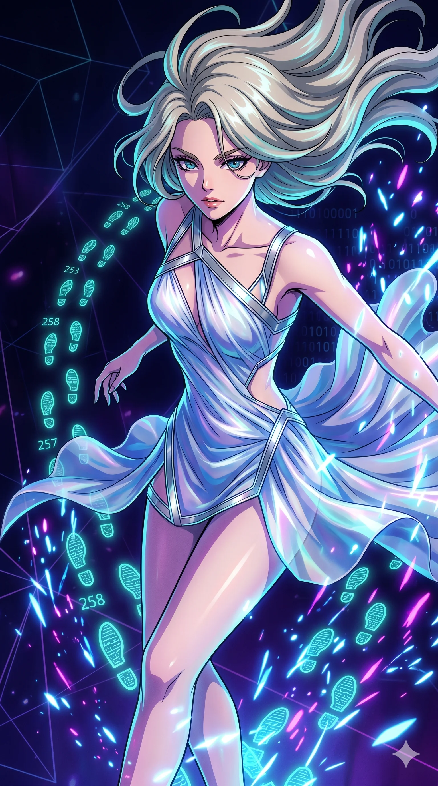 score_9, masterpiece, best quality, ultra-detailed, Set A: High-budget Anime Keyframe, Caucasian (strictly human ears) woman. Upper body close-up from the thighs up, character filling the screen for maximum presence. Sliding through a virtual reality void, as she leaves a trail of 258 glowing footprints and surrounded by glowing energy sparks. She has an absolutely perfect 8-heads proportion, an exceptionally tall and slender female figure with impossibly long slender legs and an ultra-slim waist. Sharp v-shaped jawline, high-bridge nose, intricate jewel-like eyes with depth, thick eyelashes, glossy lips with a natural sheen. Wearing Avant-garde paper-thin silk dress that floats like smoke, with metallic straps. Cinematic lighting, vibrant colors, dramatic shadows, 2k, ultra detail, master piece, 9:16 ratio