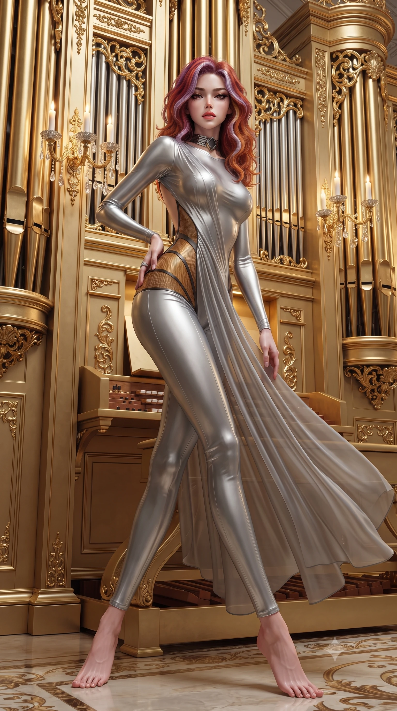 score_9, masterpiece, best quality, ultra-detailed, high-budget anime keyframe, editorial fashion photography, tasteful artistic composition, Caucasian woman. low angle full-body shot from head to toe showing her feet, filling the entire 9:16 vertical frame with her statuesque presence, stretching her vertical silhouette. leaning deep against the structural architecture with hips cocked in an unapologetically bold, seductive high-fashion stance while standing poised before a colossal gold-leaf pipe organ, twisting her slender torso in an alluring S-curve with smoldering gothic bedroom-eyes. The surrounding environment is rendered in vivid detail and crisp panoramic clarity. detailed antique lace embroidery, mirror bevel clarity, and dripping candle wax beads in high clarity. She has an exceptionally tall and slender model-like 8.5-heads proportion, an ultra-slim waist, a flat toned midriff, narrow delicate ribcage, and beautifully sculpted feminine hips creating a graceful, slim hourglass silhouette without any bulky heaviness, with impossibly long slender legs. sharp v-shaped jawline, high-bridge nose, intricate jewel-like eyes with depth, thick eyelashes, glossy parted lips with a natural sheen, intensely captivating and seductive bedroom-eyes expression, flawlessly proportioned anatomical accuracy, strict slender model proportions, natural body alignment, perfectly sculpted long slender limbs, ultra-slim waistline, clean dynamic posture without body distortion. wearing a liquid-silver aerodynamic space-couture catsuit with an open scooped back and sheer contouring mesh hip panels in molten amber-gold and dark gunmetal, woven from layered gossamer chiffon with a weightless sweeping drape, complemented by a bold geometric choker and sparkling cocktail ring, the precision-cut side openings and low-back scoop framing her graceful spine and the sensual sweep of her slim, toned hips. illuminated by rich specular rim lights defining her razor-sharp jawline, narrow waist, and curvy hips. ultra-reflective glossy finish, specular highlights, rich textural contrasts, high-contrast stereoscopic depth, volumetric dynamic lighting, 2k, ultra detail, master piece, 9:16 ratio