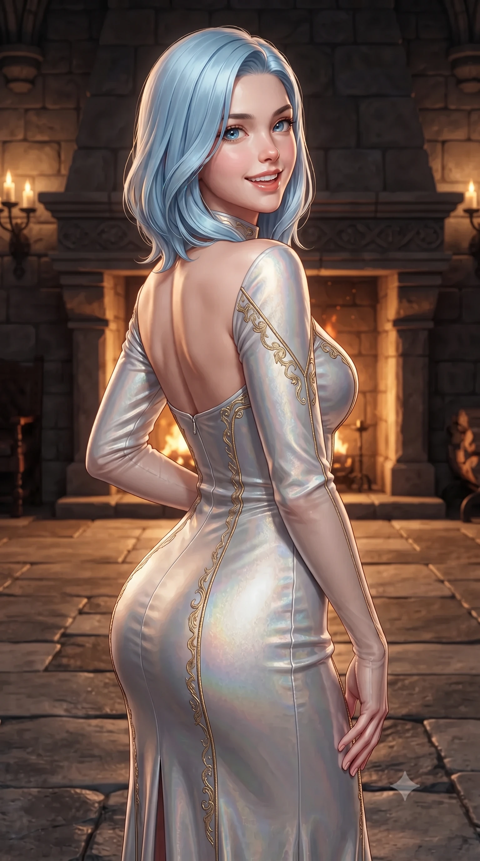 score_9, masterpiece, best quality, ultra-detailed, high-budget anime keyframe, editorial fashion photography, tasteful artistic composition, Korean woman. close-up cowboy shot from the waist and thighs up, the character dominates the composition, filling the frame with her large presence. posing in an alluring rear three-quarter angle, looking over a bare shoulder with parted glossy lips, her hips cocked back to highlight her slim hourglass curve while twisting her slender torso in an alluring contrapposto stance on the slate flagstone floor, glowing hearth firelight caressing her narrow waist and curvy hips. The surrounding environment is rendered in vivid detail and crisp panoramic clarity: detailed fabric weave, gold embroidery accents, and 13th-century Scottish castle relief in razor-sharp precision. She has an exceptionally elegant, slender, and willowy female figure with an ultra-slim waist, flat toned midriff, narrow ribcage, and sculpted feminine hips creating an alluring, slim hourglass silhouette without bulk. sharp v-shaped jawline, high-bridge nose, intricate jewel-like sparkling eyes with depth, thick eyelashes, glossy parted lips with a natural peach sheen, bright cheerful beaming smile with an enchanting and coquettish sensual glint, exuding both youthful cute charm and seductive allure, flawlessly proportioned anatomical accuracy, strict slender model proportions, natural body alignment, perfectly sculpted long slender limbs, ultra-slim waistline, clean dynamic posture without body distortion. wearing a tailored velvet bodycon cocktail dress with long fitted sleeves and mock neck in iridescent mother-of-pearl and liquid molten silver, woven from buttery-soft stretch lambskin leather adhering to her body like a second skin, complemented by sheer opera-length evening gloves tracing her slender arms, the bespoke structured tailoring following the natural line of her 8.5-heads silhouette with refined elegance. bathed in the warm radiant 2200K glow of the roaring stone fireplace mixed with soft tallow candle flame sconces. ultra-reflective glossy finish, specular highlights, rich textural contrasts, high-contrast stereoscopic depth, volumetric dynamic lighting, 2k, ultra detail, master piece, 9:16 ratio
