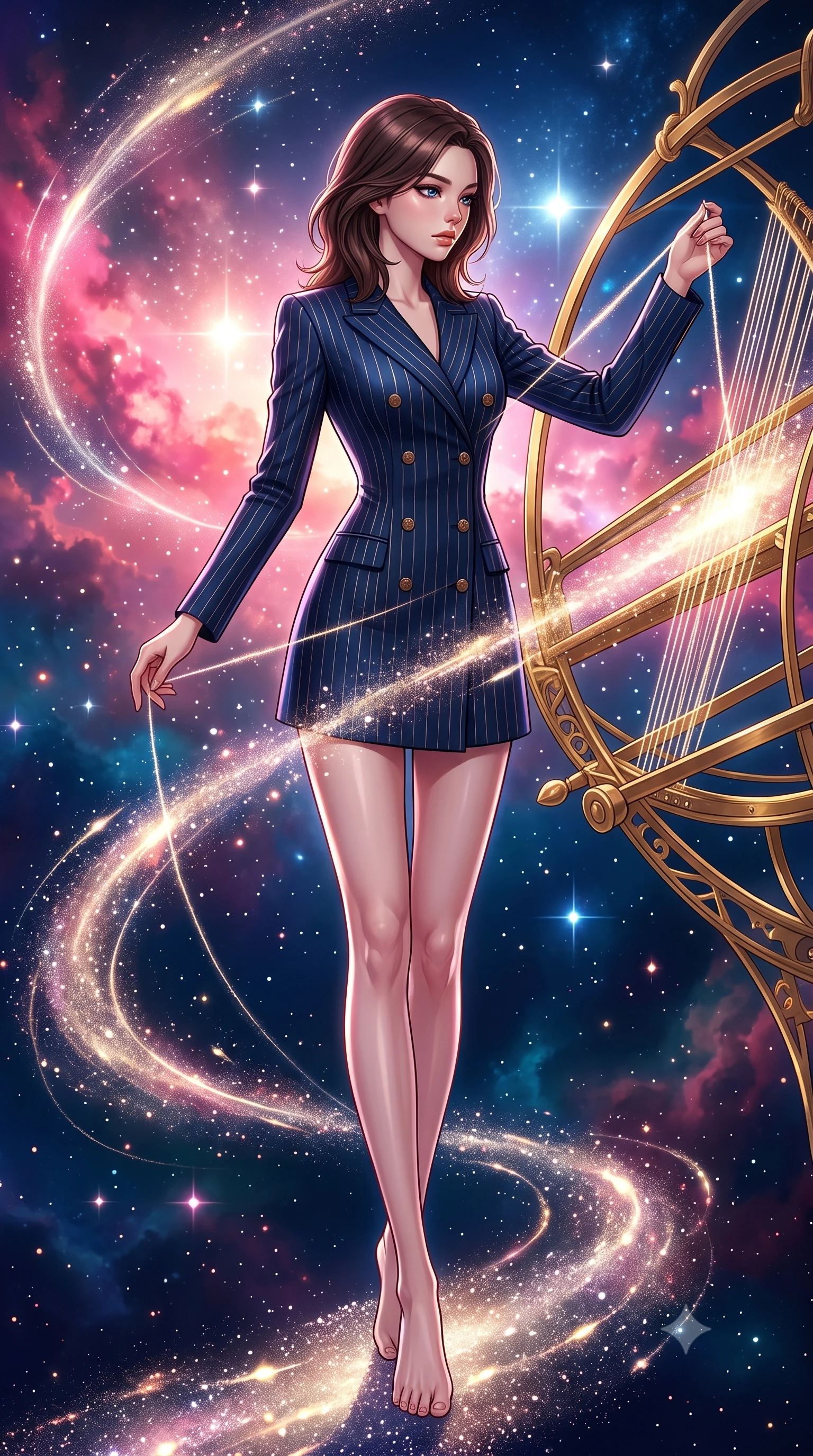 score_9, masterpiece, best quality, ultra-detailed, high-budget anime keyframe, editorial fashion photography, tasteful artistic composition, Korean woman. low angle full-body shot from head to toe showing her feet, filling the entire 9:16 vertical frame with her statuesque presence, stretching her vertical silhouette. navigating the luminous space with effortless poise, displaying her perfect model proportions threading brilliant comet dust through a golden celestial loom, swirling galaxy dust creating luminous arcs in the air. She has an absolutely perfect, statuesque 8.5-heads proportion, an exceptionally tall and slender model-like female figure with impossibly long slender legs and an ultra-slim waist. sharp v-shaped jawline, high-bridge nose, intricate jewel-like eyes with depth, thick eyelashes, glossy lips with a natural sheen. wearing a tailored double-breasted blazer dress in navy with subtle metallic pin-stripes, the form-contouring material highlighting her ultra-slim waist and long lines. bathed in radiant cosmic pink and deep navy blue ambient light. highly saturated vibrant anime colors, detailed shading with soft gradients, rich glossy textures, high-contrast stereoscopic depth, volumetric dynamic lighting, master piece, 9:16 ratio