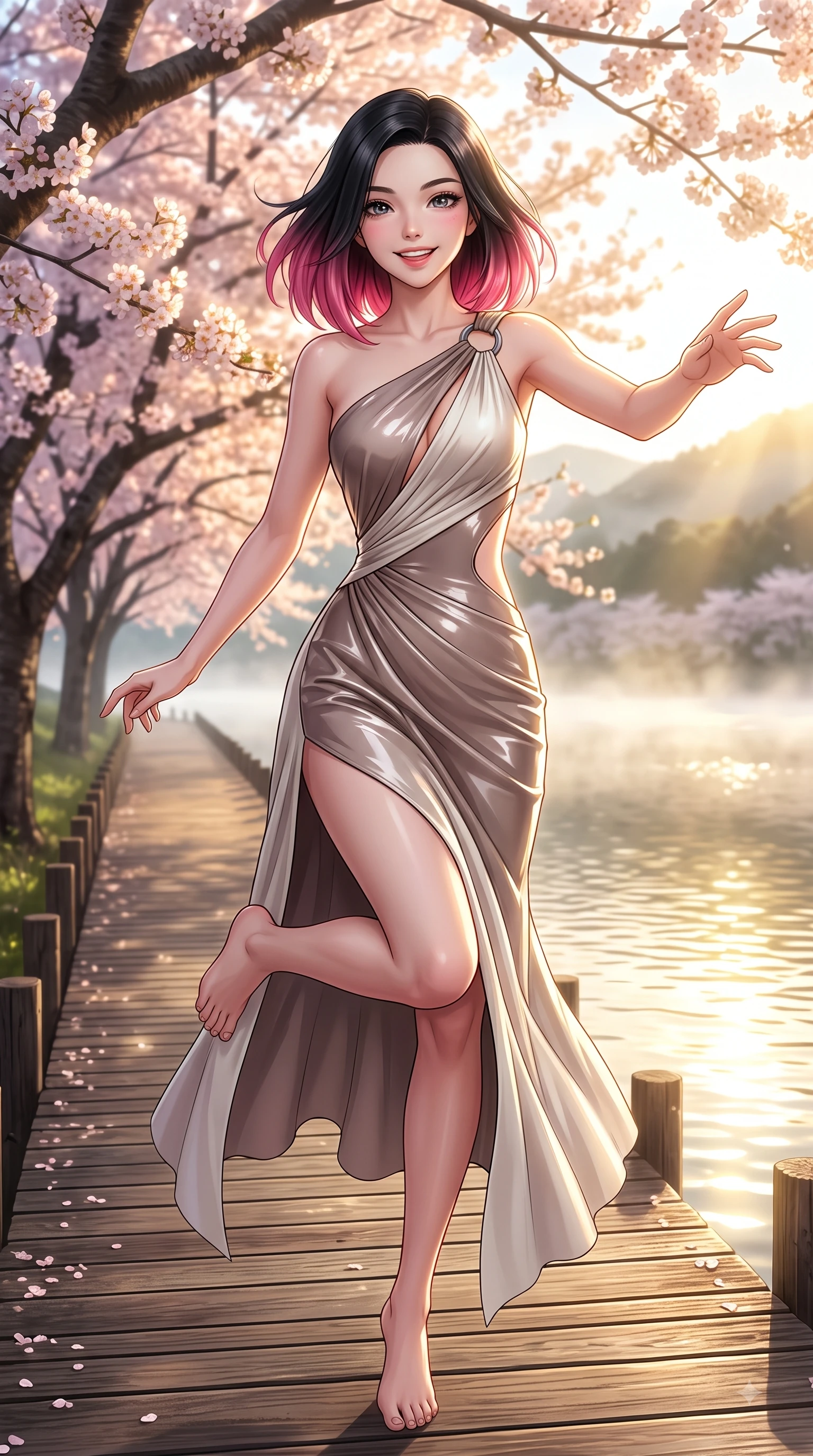 score_9, masterpiece, best quality, ultra-detailed, high-budget anime keyframe, editorial fashion photography, tasteful artistic composition, Korean woman. close-up cowboy shot from the waist and thighs up, the character dominates the composition, filling the frame with her large presence, background elements kept in soft focus. Enchanting happy smile, her eyes twinkling like jewels in the bright sunlight as one arm reaches out playfully while leaping with a beaming happy smile along a wooden lakeside boardwalk lined with sakura trees, morning mist floating gently over the water surface, capturing bright golden light. She has an exceptionally elegant, slender, and willowy female figure with an ultra-slim waist, a gracefully sculpted slender torso, and a refined silhouette. sharp v-shaped jawline, high-bridge nose, intricate jewel-like eyes with depth, thick eyelashes, glossy lips with a natural sheen, flawlessly proportioned anatomical accuracy, natural body alignment, perfectly sculpted elegant limbs, clean dynamic posture without body distortion. wearing an asymmetrical Grecian draped chiffon gown with a metallic shoulder ring in muted taupe and soft ivory, tailored from high-gloss patent leather, featuring clean architectural cutouts along her slender torso, the form-contouring material highlighting her ultra-slim waist and long lines. bathed in bright morning sunbeams and warm golden sakura backlighting. highly saturated vibrant anime colors, detailed shading with soft gradients, rich glossy textures, high-contrast stereoscopic depth, volumetric dynamic lighting, master piece, 9:16 ratio