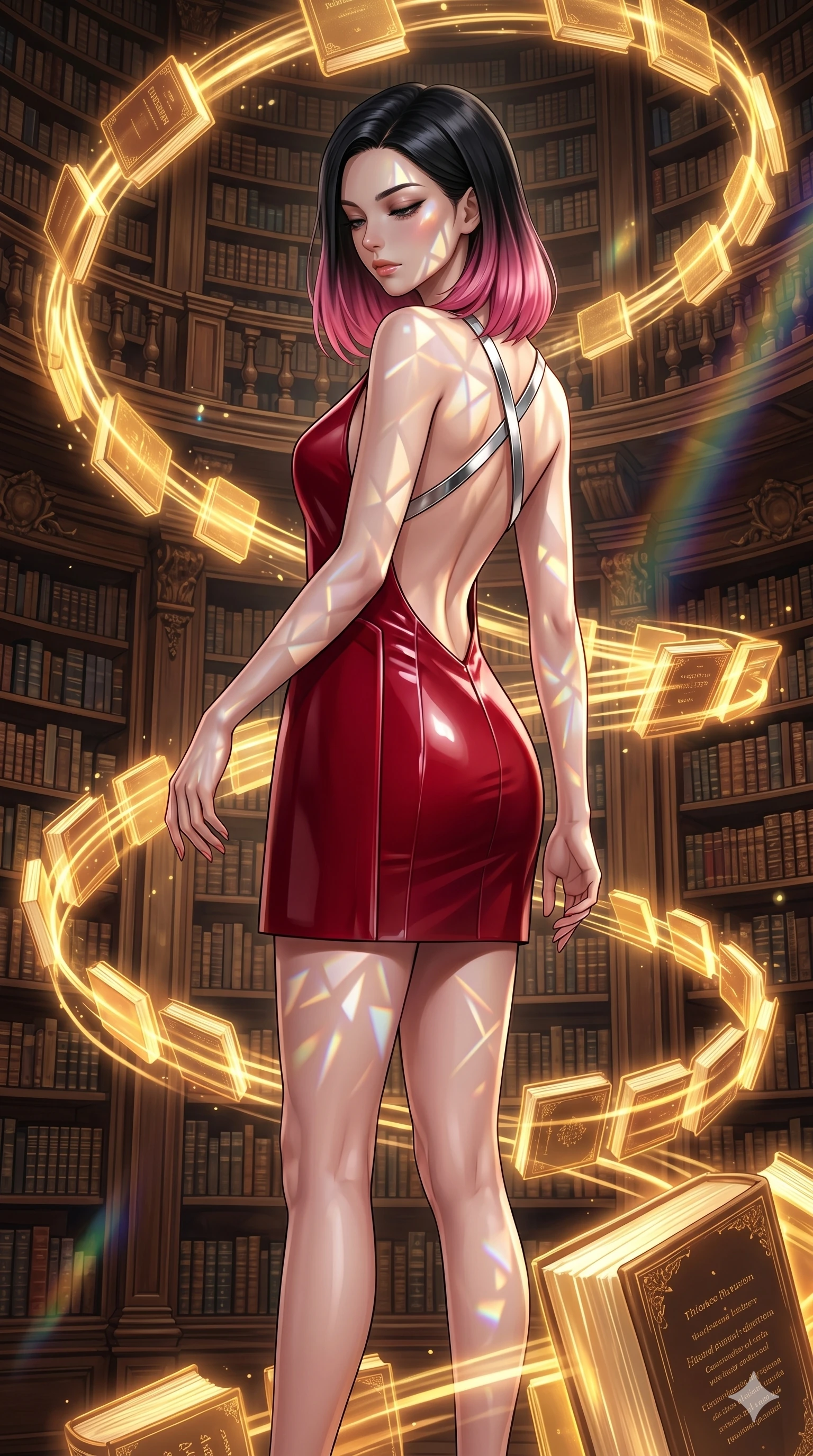 score_9, masterpiece, best quality, ultra-detailed, high-budget anime keyframe, editorial fashion photography, tasteful artistic composition, Korean woman. cowboy shot from the thighs up, character and outfit filling the frame for maximum editorial presence. Looking down with lowered lashes and a composed, powerful expression amidst a baroque library where glowing golden books orbit in slow spiral patterns. She has an absolutely perfect 8-heads proportion, an exceptionally tall and slender female figure with impossibly long slender legs and an ultra-slim waist. V-shaped jawline, high-bridge nose, intricate jewel-like eyes with depth, thick eyelashes, glossy lips with a natural sheen. wearing a structured deep-cherry-red fashion-latex fitted dress with a clean architectural front and a dramatic open-back design with a single criss-cross strap in chrome across the bare back. lit by mirror-reflected prismatic spotlights creating geometric light patterns that play across her body. 2k, ultra detail, master piece, 9:16 ratio