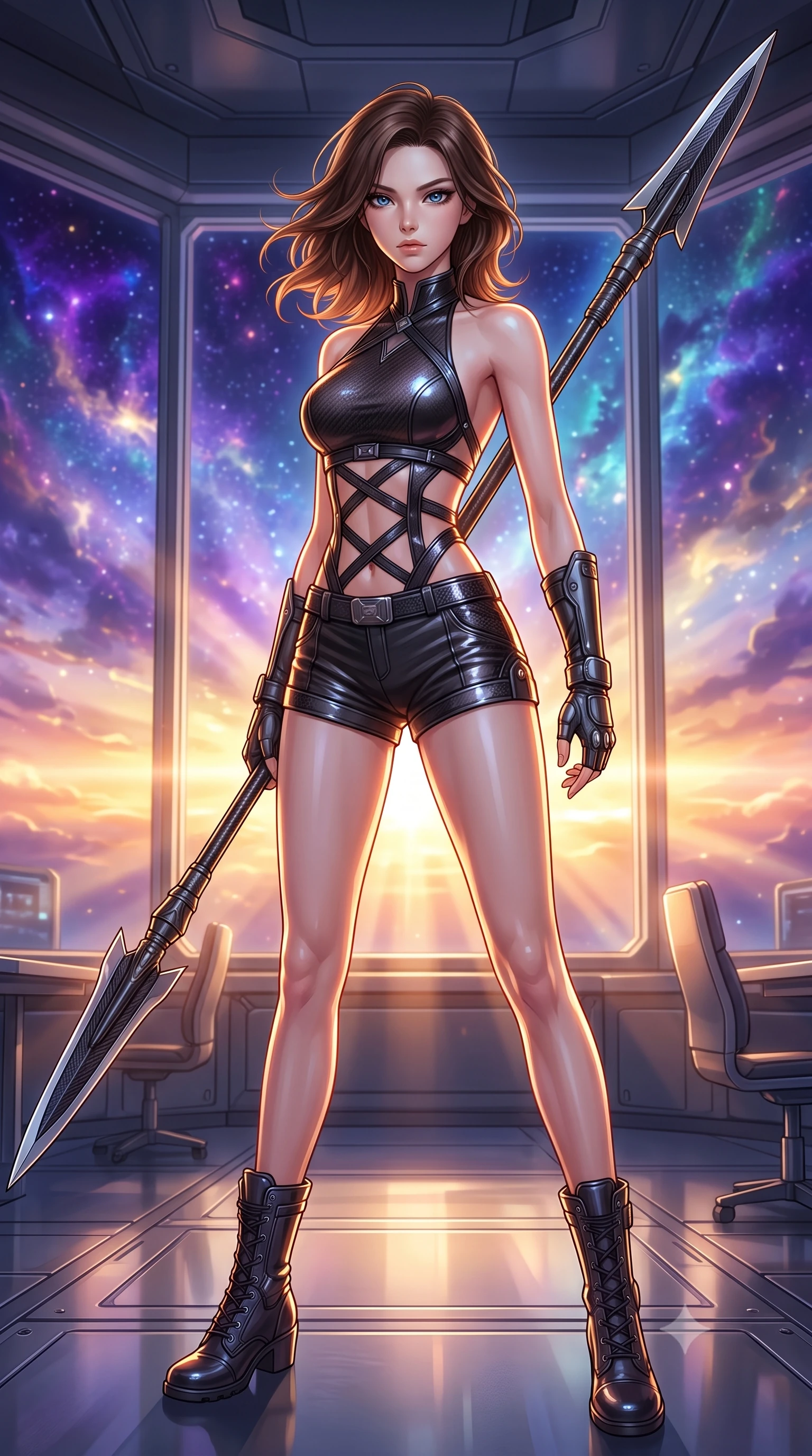score_9, masterpiece, best quality, ultra-detailed, high-budget anime keyframe, editorial fashion photography, tasteful artistic composition, Korean woman. low angle full-body shot from head to toe showing her feet, filling the entire 9:16 vertical frame with her statuesque presence, stretching her vertical silhouette. standing in a dynamic combat stance with a carbon-fiber spear held diagonally, stretching her statuesque body, the background shows a soft-focus an officers' mess room with floor-to-ceiling windows showing a nebula sunrise. She has an absolutely perfect, statuesque 8.5-heads proportion, an exceptionally tall and slender model-like female figure with impossibly long slender legs and an ultra-slim waist. sharp v-shaped jawline, high-bridge nose, intricate jewel-like eyes with depth, thick eyelashes, glossy lips with a natural sheen. wearing a tailored backless halter-neck combat top with criss-cross strapping, paired with carbon-alloy micro-shorts. dramatic dual-tone orange and soft yellow sunrays painting the cabin in warmth. highly saturated vibrant anime colors, detailed shading with soft gradients, rich glossy textures, high-contrast stereoscopic depth, volumetric dynamic lighting, master piece, 9:16 ratio