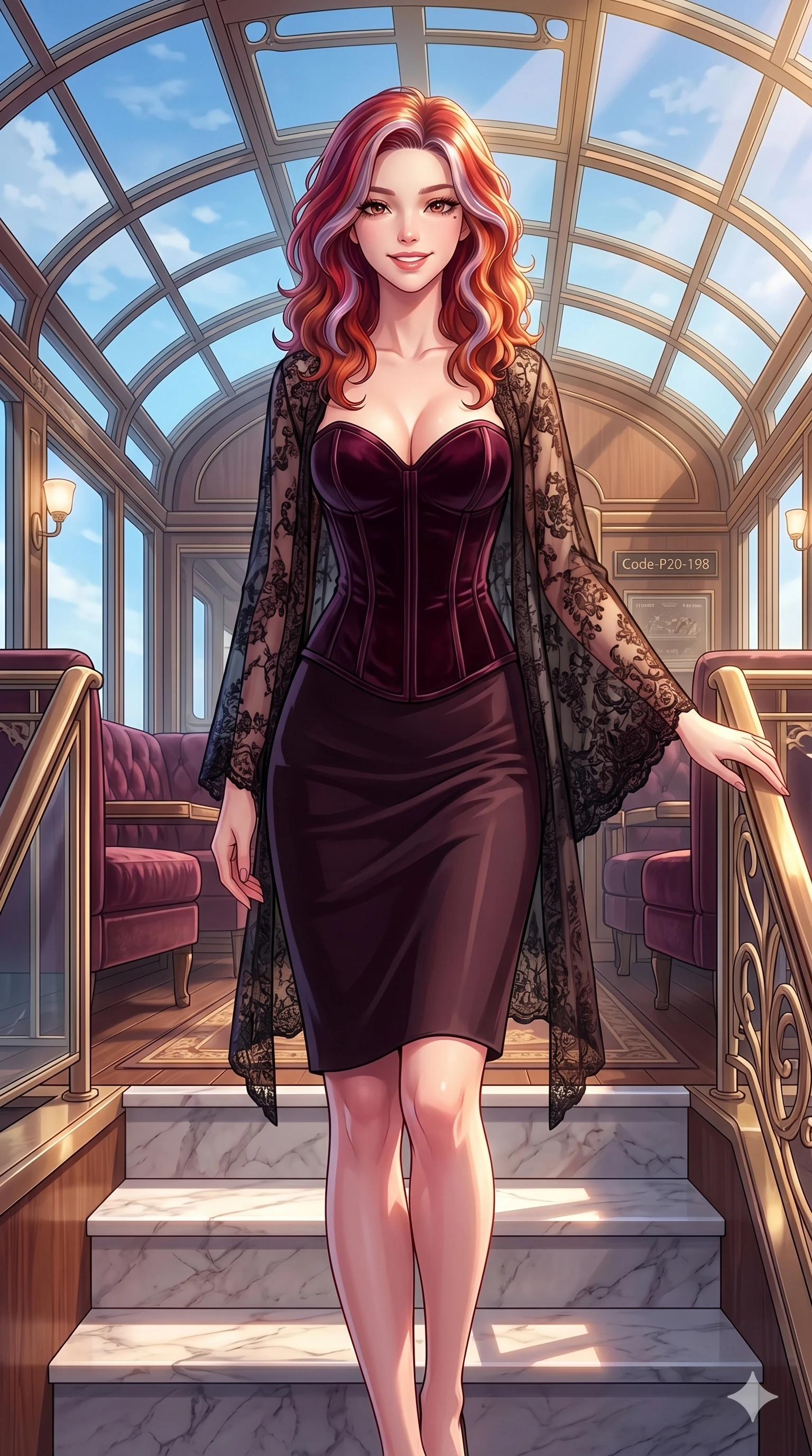 score_9, masterpiece, best quality, ultra-detailed, high-budget anime keyframe, vibrant anime aesthetic, Caucasian woman, strictly human ears. cowboy shot from the thighs up, character and outfit filling the frame for maximum presence. She is standing on the marble steps, looking at the camera with a radiant smile inside a luxury train lounge car under blue sky (Code-P20-198). She has an absolutely perfect 8-heads proportion, an exceptionally tall and slender female figure with impossibly long slender legs and an ultra-slim waist. V-shaped jawline, high-bridge nose, intricate jewel-like eyes with depth, thick eyelashes, glossy lips with a natural sheen. wearing a dark velvet corset showing her cleavage combined with a sheer lace wrap. She is bathed in soft morning light filtering through the glass walls of the conservatory. 2k, ultra detail, master piece, 9:16 ratio