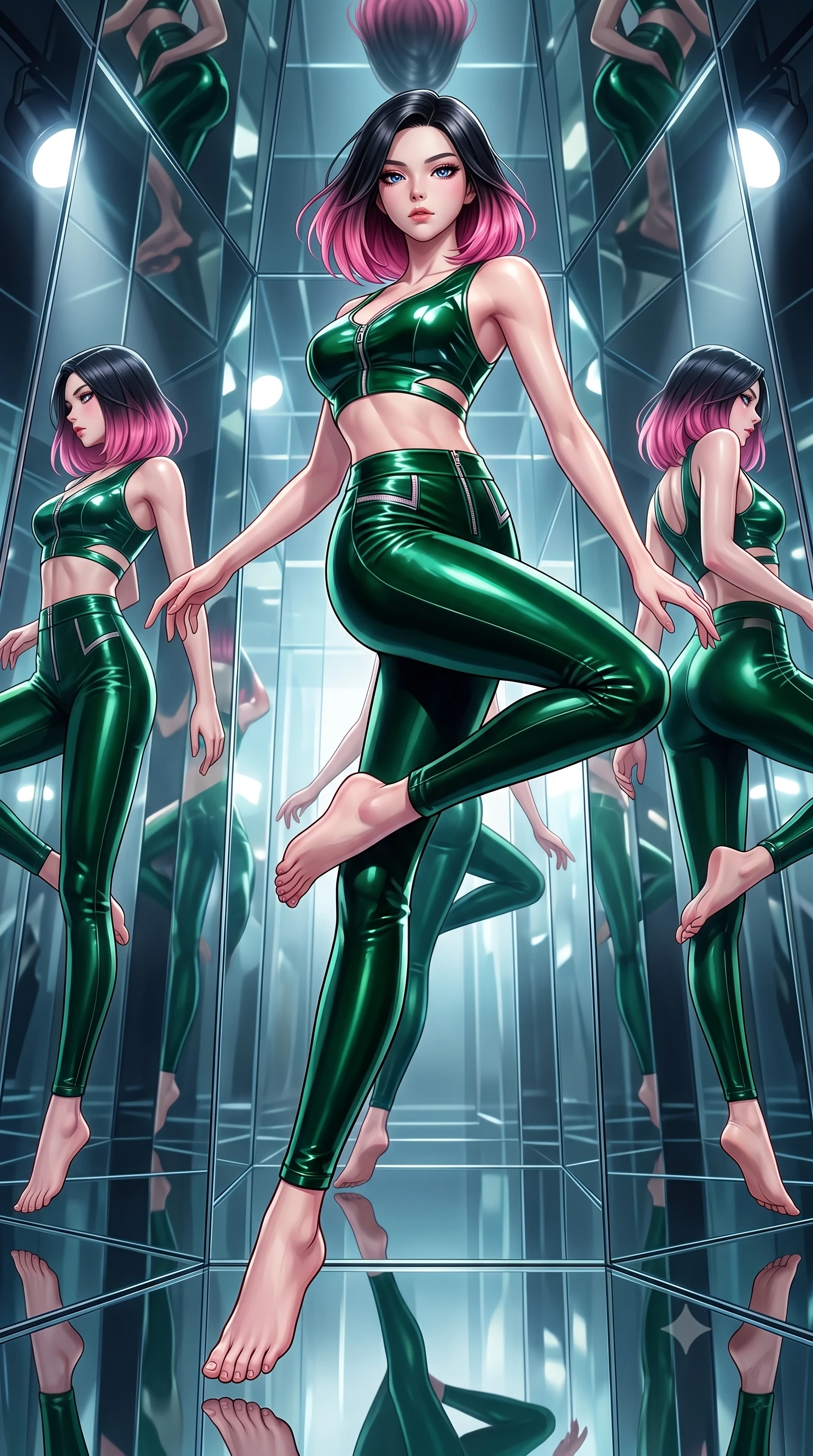 score_9, masterpiece, best quality, ultra-detailed, high-budget anime keyframe, editorial fashion photography, tasteful artistic composition, Korean woman. low angle full-body shot from head to toe showing her feet, filling the entire 9:16 vertical frame with her statuesque presence, stretching her vertical silhouette. leaping gracefully through mid-air with statuesque elegance, her impossibly long slender legs stretched in perfect balance while leaping through a kaleidoscope mirror corridor as her reflection multiplies endlessly, multiple mirror reflections capturing her statuesque form from dramatic angles. She has an absolutely perfect, statuesque 8.5-heads proportion, an exceptionally tall and slender model-like female figure with impossibly long slender legs and an ultra-slim waist. sharp v-shaped jawline, high-bridge nose, intricate jewel-like eyes with depth, thick eyelashes, glossy lips with a natural sheen, flawlessly proportioned anatomical accuracy, natural body alignment, perfectly sculpted elegant limbs, clean dynamic posture without body distortion. wearing a glossy vinyl crop top and high-waist tailored leggings with sleek zippers in deep emerald green and silver accent, made of premium stretch velvet with a rich sheen, featuring subtle geometric cutouts that highlight her ultra-slim midriff, the tailored fabric tightly following every curve of her athletic build. illuminated by high-contrast studio spotlights with sharp specular highlights. highly saturated vibrant anime colors, detailed shading with soft gradients, rich glossy textures, high-contrast stereoscopic depth, volumetric dynamic lighting, master piece, 9:16 ratio