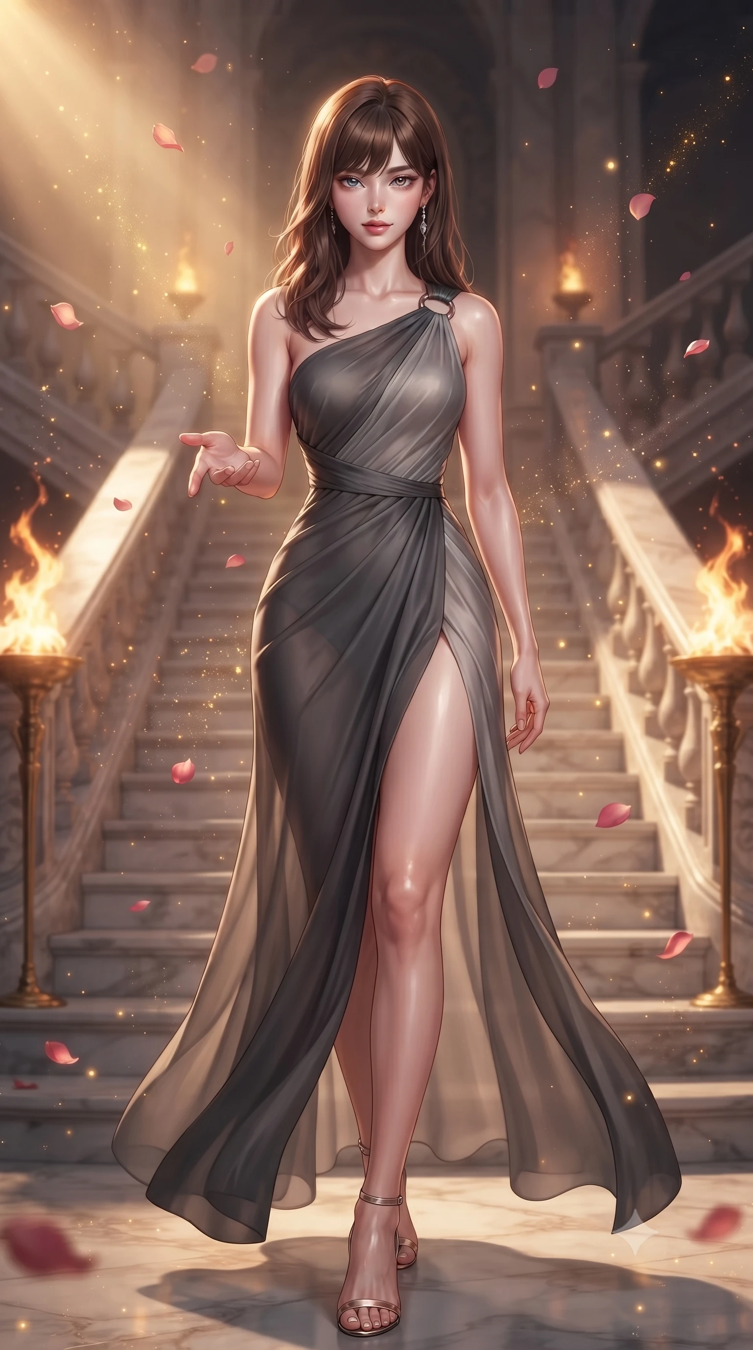 score_9, masterpiece, best quality, ultra-detailed, high-budget anime keyframe, editorial fashion photography, tasteful artistic composition, Korean woman. close-up cowboy shot from the waist and thighs up, the character dominates the composition, filling the frame with her large presence, background elements kept in soft focus. Reaching one hand gracefully toward the viewer with effortless superiority and allure descending a grand marble staircase flanked by golden torch flames at dusk, floating rose petals and golden dust motes sparkling in the air. She has an exceptionally elegant, slender, and willowy female figure with an ultra-slim waist, a gracefully sculpted slender torso, and a refined silhouette. sharp v-shaped jawline, high-bridge nose, intricate jewel-like eyes with depth, thick eyelashes, glossy lips with a natural sheen. wearing an asymmetrical Grecian draped chiffon gown with a metallic shoulder ring in charcoal grey and platinum, woven from fine semi-opaque sheer organza, finished with a sleek side slit ascending to mid-thigh, the tailored fabric tightly following every curve of her athletic build. bathed in glorious golden hour sunbeams and warm rose-gold ambient light. ultra-reflective glossy finish, specular highlights, metallic sheen, high-contrast stereoscopic depth, volumetric dynamic lighting, 2k, ultra detail, master piece, 9:16 ratio