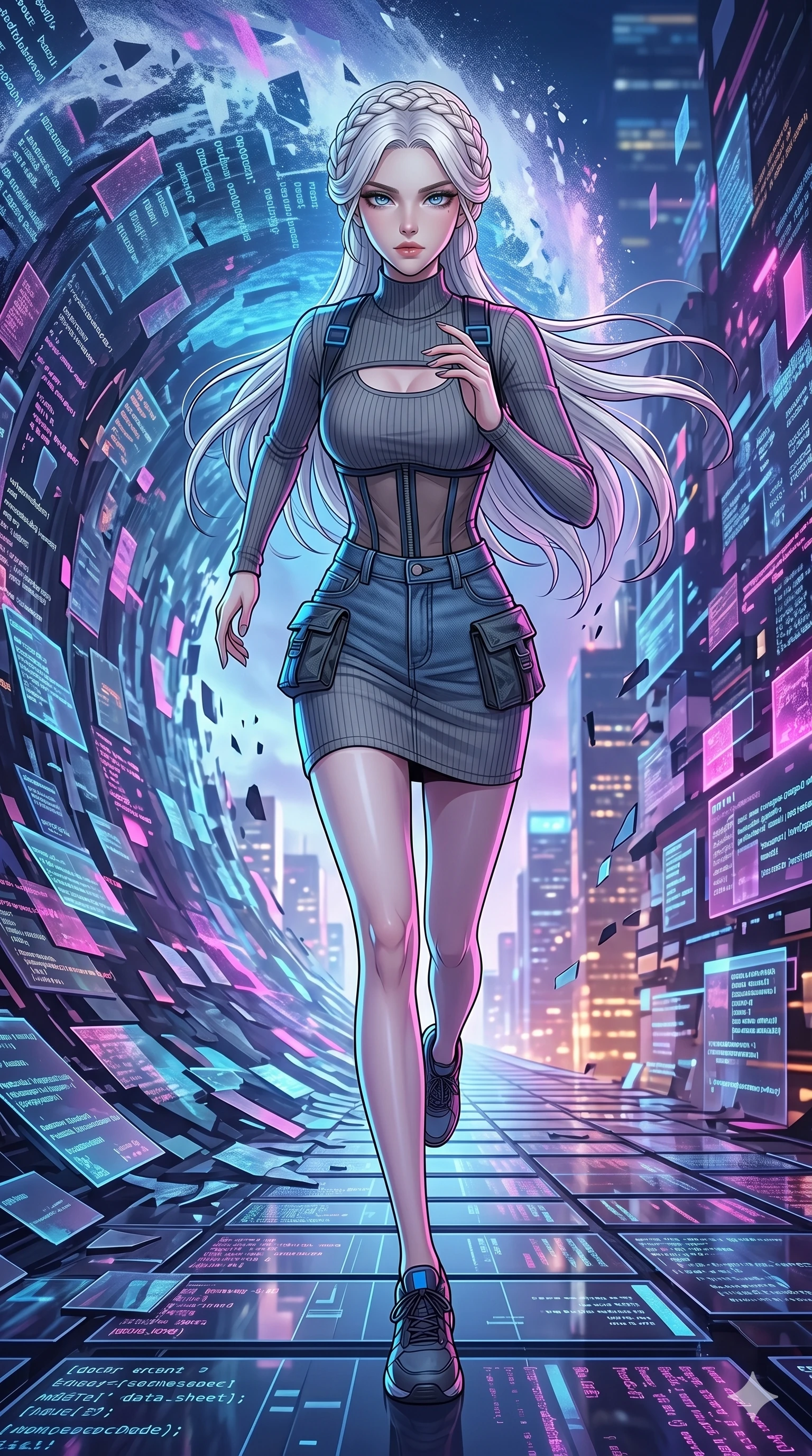 score_9, masterpiece, best quality, ultra-detailed, high-budget anime movie keyframe, cinematic anime lighting, intricate line art, Korean woman. Dynamic full-body shot stretching the vertical silhouette with extreme perspective. sprinting away from a massive tidal wave of data-shards. She has an absolutely perfect 8-heads proportion, an exceptionally tall and slender female figure with an ultra-slim waist and impossibly long slender legs. strictly human anatomy, two legs only, no extra limbs, clearly defined legs and arms, perfect anatomy, perfect hands and fingers. sharp v-shaped jawline, high-bridge nose, intricate jewel-like eyes, thick eyelashes, glossy lips. Wearing Urban Trendsetter: Ribbed bodycon dress, crop top with high-waist denim, and sheer corset with cargo pants. The scene is illuminated by dramatic atmospheric lighting and vibrant color palettes. , 2k, ultra detail, master piece, 9:16 ratio
