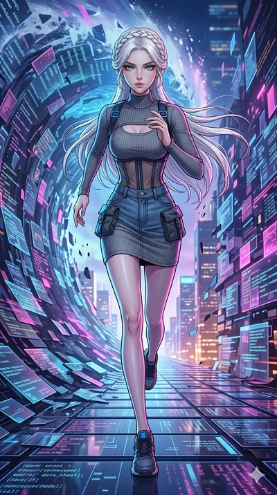 score_9, masterpiece, best quality, ultra-detailed, high-budget anime movie keyframe, cinematic anime lighting, intricate line art, Korean woman. Dynamic full-body shot stretching the vertical silhouette with extreme perspective. sprinting away from 