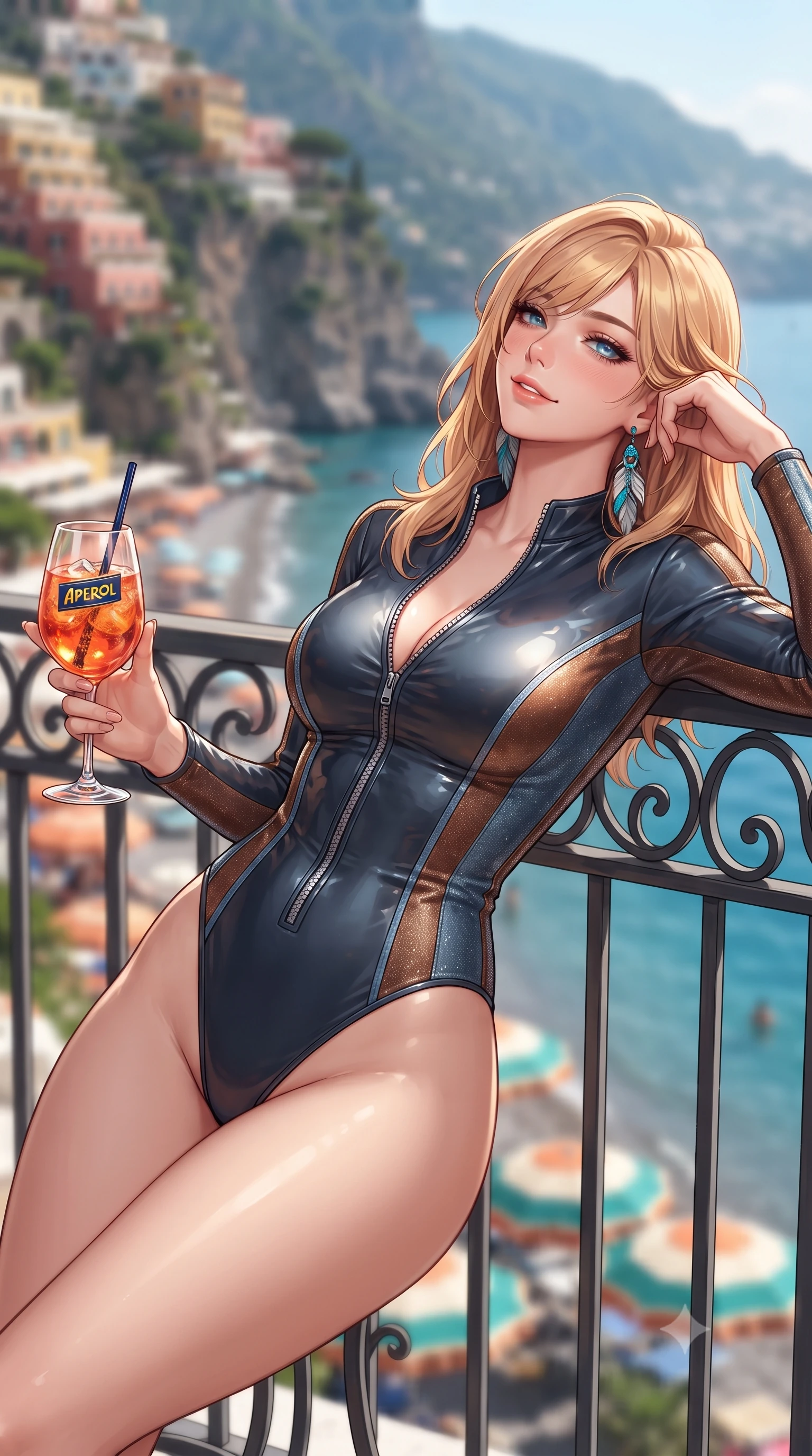score_9, masterpiece, best quality, ultra-detailed, high-budget anime keyframe, editorial fashion photography, tasteful artistic composition, Caucasian woman. close-up cowboy shot from the waist and thighs up, the character dominates the composition, filling the frame with her large presence. leaning back against the balustrade with relaxed seductive grace, head tilted back slightly while casting a hypnotic, heavy-lidded gaze while reclining on an orange-and-white striped sun lounger propped on one elbow, holding an Aperol spritz with sovereign high-society charm. The background shows a soft-focus the dramatic vertical cliff of colorful Positano villas, stacked parasols, and turquoise sea blurred into terracotta, lemon, and azure bokeh. She has an exceptionally elegant, slender, and willowy female figure with an ultra-slim waist, flat toned midriff, narrow ribcage, and sculpted feminine hips creating an alluring, slim hourglass silhouette without bulk. sharp v-shaped jawline, high-bridge nose, sparkling eyes with hypnotic seductive depth, thick curled eyelashes, glossy parted lips with a natural dewy peach sheen, alluring bedroom-eyes with an enchanting coquettish smile, exuding magnetic siren charisma and sophisticated glamour, flawlessly proportioned anatomical accuracy, strict slender model proportions, natural body alignment, perfectly sculpted long slender limbs, ultra-slim waistline, clean dynamic posture without body distortion. wearing a form-contouring wet-look neoprene zip-front surfing bodysuit with high-cut leg openings and racing side stripes in distressed whiskey leather brown and sun-bleached denim blue, woven from stretch metallic lurex jersey casting radiant starlight glints across her silhouette, accented with turquoise and silver bohemian feather earrings swaying near her bare neck, the glove-like clinging cut tightly following the natural contour of her hips and long slender legs with youthful 8.5-heads elegance. illuminated by parasol shadow gradients and sharp golden-peach rim lights defining her razor-sharp jawline, narrow waist, and curvy hips. ultra-reflective glossy finish, specular highlights, rich textural contrasts, high-contrast stereoscopic depth, volumetric dynamic lighting, 2k, ultra detail, master piece, 9:16 ratio