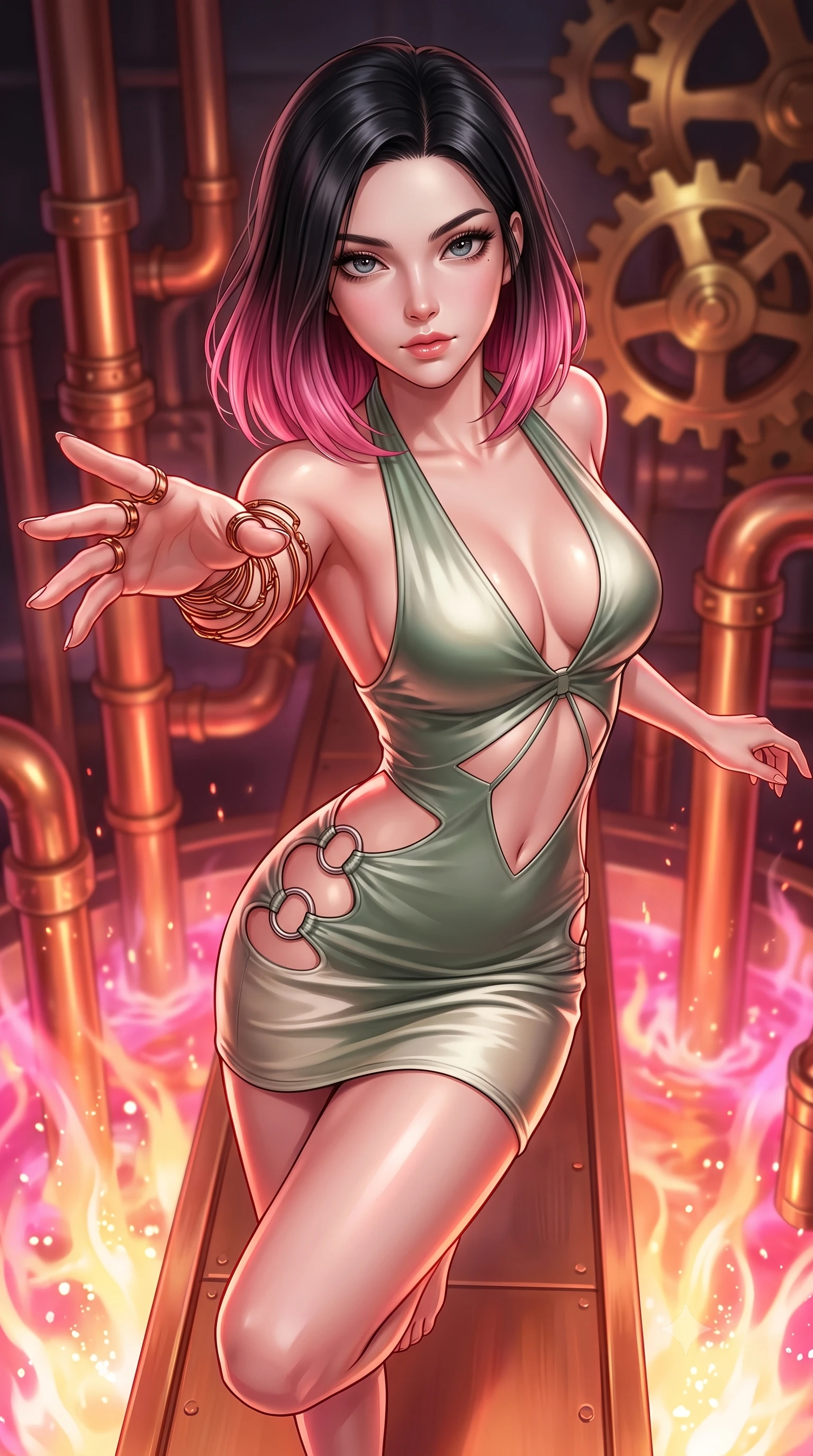 score_9, masterpiece, best quality, ultra-detailed, high-budget anime keyframe, editorial fashion photography, tasteful artistic composition, Korean woman. close-up cowboy shot from the waist and thighs up, the character dominates the composition, filling the frame with her large presence, background elements kept in soft focus. Reaching her hand gracefully toward the camera with magnetic allure, her torso turning in a dynamic S-curve alignment while leaping across a copper catwalk as boiling liquid aurora energy erupts below, intricate copper pipes and brass gears gleam with furnace heat reflections. She has an exceptionally elegant, slender, and willowy female figure with an ultra-slim waist, a gracefully sculpted slender torso, and a refined silhouette. sharp v-shaped jawline, high-bridge nose, intricate jewel-like eyes with depth, thick eyelashes, glossy lips with a natural sheen, flawlessly proportioned anatomical accuracy, natural body alignment, perfectly sculpted elegant limbs, clean dynamic posture without body distortion. wearing a deep-scoop halter bodycon dress with hip cutouts connected by silver rings in sage green and oatmeal, crafted from lustrous satin jersey with fluid draping, featuring subtle geometric cutouts that highlight her ultra-slim midriff, the sleek second-skin texture accentuating her magnetic presence. bathed in hot pink and orange furnace underlighting with sharp bronze speculars. highly saturated vibrant anime colors, detailed shading with soft gradients, rich glossy textures, high-contrast stereoscopic depth, volumetric dynamic lighting, master piece, 9:16 ratio