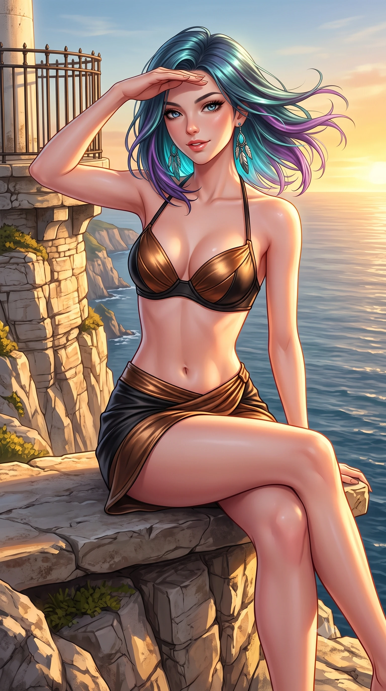 score_9, masterpiece, best quality, ultra-detailed, high-budget anime keyframe, semi-realistic 3D game render, editorial fashion photography, tasteful artistic composition, Caucasian woman. close-up cowboy shot from the waist and thighs up, the character dominates the composition, filling the frame with her large presence. turning slowly with an enchanting smoldering smile, her glossy hair tossing in the breeze as her hips angle gracefully in a captivating contrapposto while perched sideways on the cliff lookout bench with legs crossed, one hand shading her eyes with effortless Balearic allure. The surrounding environment is rendered in vivid detail and crisp panoramic clarity: sharp limestone cliff strata, wrought-iron lighthouse balcony railing, and ocean horizon clarity in deep focus. She has an exceptionally elegant, slender, and willowy female figure with an ultra-slim waist, flat toned midriff, narrow ribcage, and sculpted feminine hips creating an alluring, slim hourglass silhouette without bulk. sharp v-shaped jawline, high-bridge nose, sparkling eyes with hypnotic seductive depth, thick curled eyelashes, glossy parted lips with a natural dewy peach sheen, alluring bedroom-eyes with an enchanting coquettish smile, exuding magnetic siren charisma and sophisticated glamour, flawlessly proportioned anatomical accuracy, strict slender model proportions, natural body alignment, perfectly sculpted long slender limbs, ultra-slim waistline, clean dynamic posture without body distortion. wearing a structured underwire bikini bustier top paired with an ultra-short draped sarong wrap mini skirt in metallic liquid bronze and Mojave obsidian black, woven from buttery-soft stretch lambskin leather adhering to her body like a second skin, accented with turquoise and silver bohemian feather earrings swaying near her bare neck, the high-slit wrap tailoring accentuating her ultra-slim waistline and the enchanting curve of her feminine hips with alluring seductive charm. bathed in molten golden hour sunset light flooding horizontally across the sea cliffs. highly saturated vibrant anime colors, detailed shading with soft gradients, rich glossy textures, high-contrast stereoscopic depth, volumetric dynamic lighting, master piece, 9:16 ratio