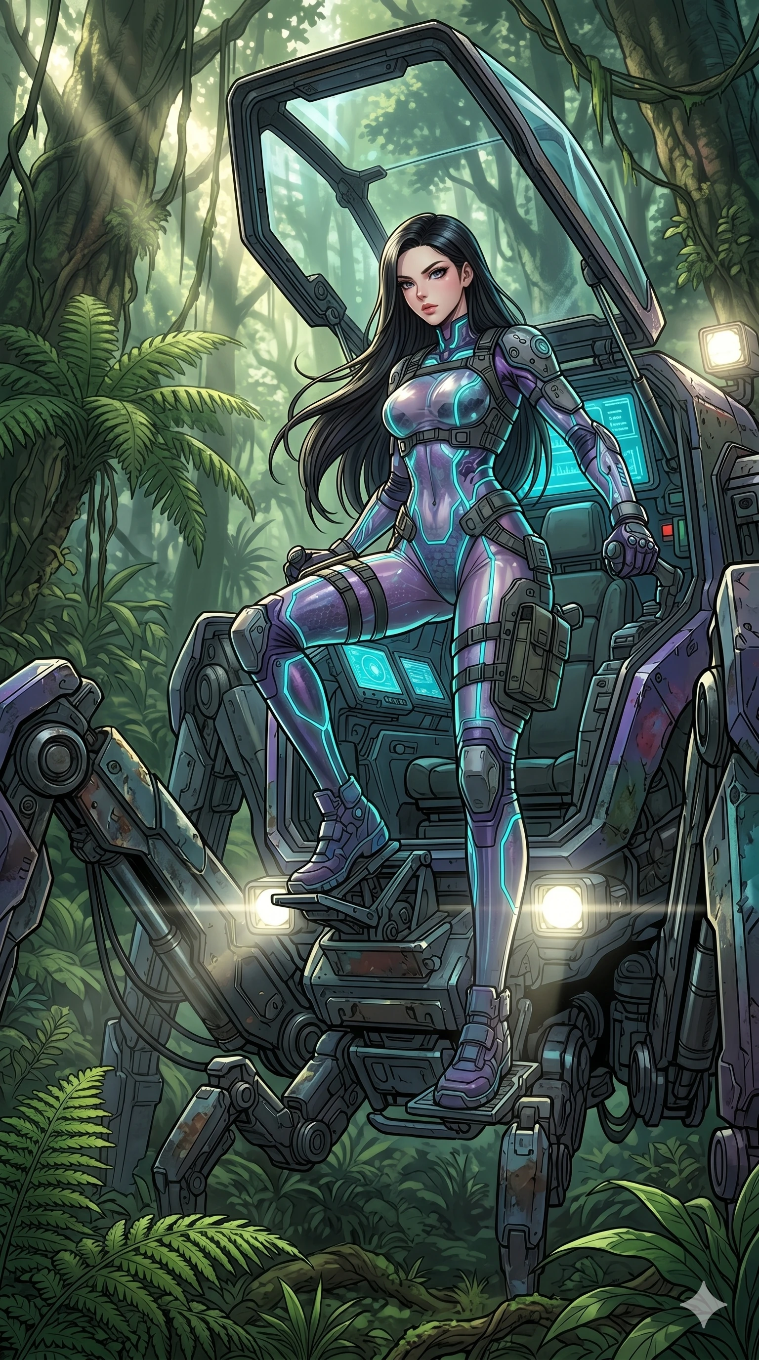 score_9, masterpiece, best quality, ultra-detailed, high-budget anime movie keyframe, cinematic anime lighting, intricate line art, Caucasian (strictly human ears) woman. Low angle cowboy shot capturing a powerful motion and statuesque presence. piloting a giant mechanical spider through a dense jungle. She has an absolutely perfect 8-heads proportion, an exceptionally tall and slender female figure with an ultra-slim waist and impossibly long slender legs. strictly human anatomy, two legs only, no extra limbs, clearly defined legs and arms, perfect anatomy, perfect hands and fingers. sharp v-shaped jawline, high-bridge nose, intricate jewel-like eyes, thick eyelashes, glossy lips. Wearing Tech-Fantasy: Cybernetic tech-suit with glowing seams, translucent PVC over leotard, and modular tactical gear. The scene is illuminated by dramatic atmospheric lighting and vibrant color palettes. , 2k, ultra detail, master piece, 9:16 ratio