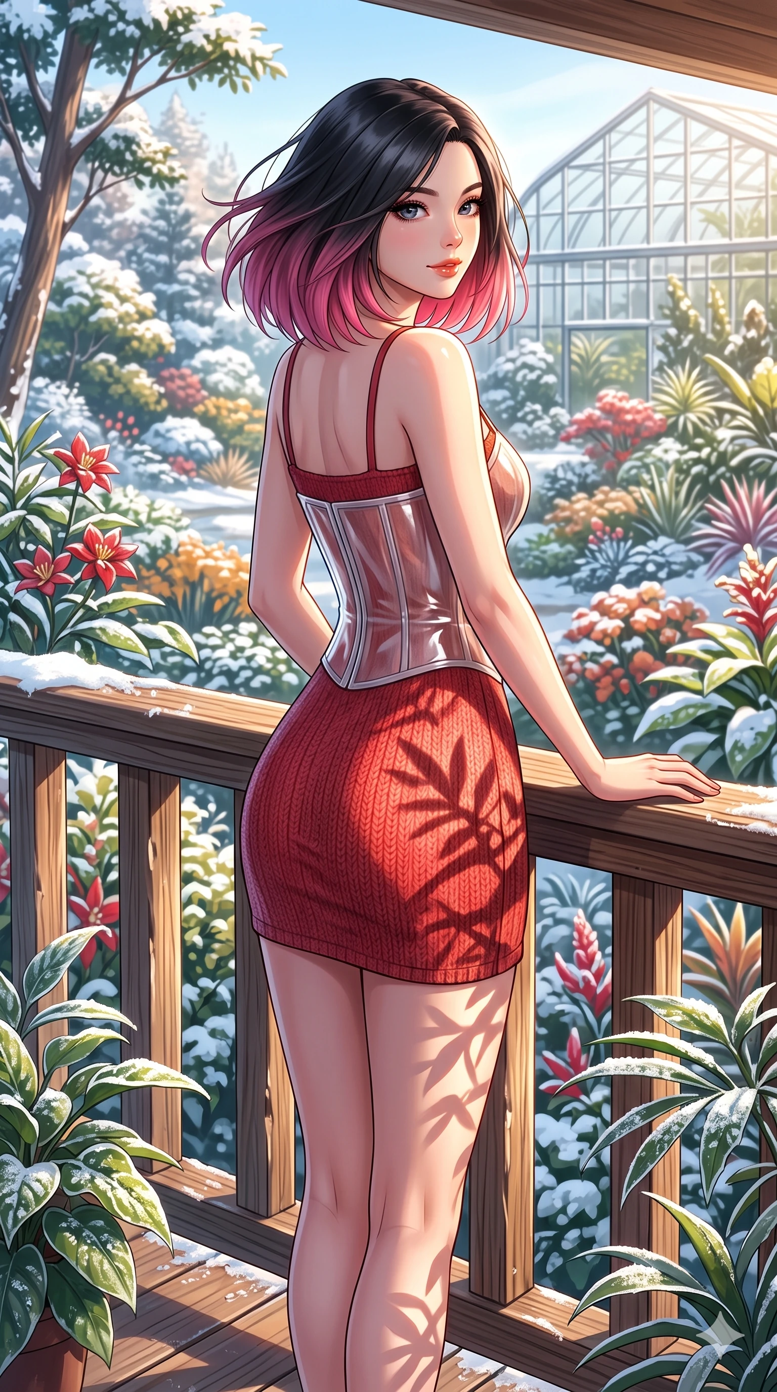 score_9, masterpiece, best quality, ultra-detailed, high-budget anime keyframe, vibrant anime aesthetic, Korean woman. cowboy shot from the thighs up, character and outfit filling the frame for maximum presence. She is resting her hands on the chalet deck, looking over her shoulder with a happy grin standing in a botanical sanctuary at winter midday (Code-P21-160). She has an absolutely perfect 8-heads proportion, an exceptionally tall and slender female figure with impossibly long slender legs and an ultra-slim waist. V-shaped jawline, high-bridge nose, intricate jewel-like eyes with depth, thick eyelashes, glossy lips with a natural sheen. wearing a translucent gloss-finish structured bodice over a red textured knit slip dress in winter. She is drenched in brilliant morning winter sunshine, casting long warm highlights and leaf patterns. 2k, ultra detail, master piece, 9:16 ratio