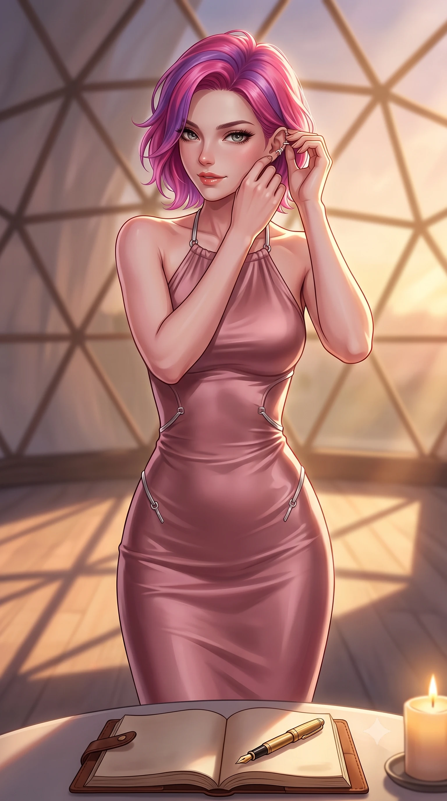 score_9, masterpiece, best quality, ultra-detailed, high-budget anime keyframe, editorial fashion photography, tasteful artistic composition, Caucasian woman. close-up cowboy shot from the waist and thighs up, the character dominates the composition, filling the frame with her large presence, background elements kept in soft focus. adjusting her delicate ear cuff with a captivating half-smile, her profile highlighted by a dramatic rim light set against a soft-focus background of inside an exclusive geodesic dome with an open leather journal and a gold fountain pen sitting next to a candle. She has an exceptionally elegant, slender, and willowy female figure with an ultra-slim waist, a gracefully sculpted slender torso, and a refined silhouette. sharp v-shaped jawline, high-bridge nose, intricate jewel-like eyes with depth, thick eyelashes, glossy lips with a natural sheen. wearing body-hugging dusty rose liquid satin form-contouring cashmere halter dress tracing her statuesque physique accented with delicate silver hardware. bathed in warm golden hour sunbeams that cast long, romantic shadows across the floor. highly saturated vibrant anime colors, detailed shading with soft gradients, rich glossy textures, high-contrast stereoscopic depth, volumetric dynamic lighting, master piece, 9:16 ratio
