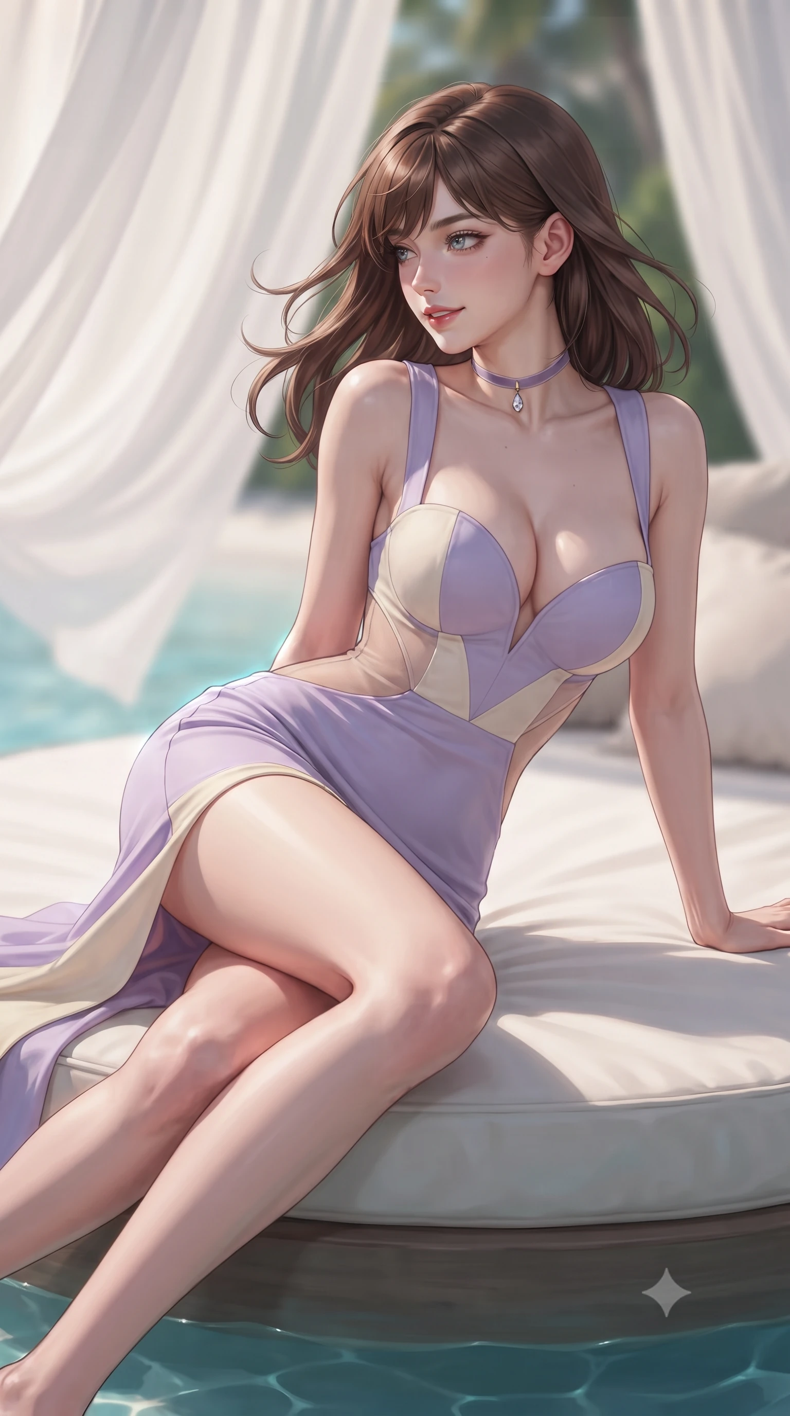 score_9, masterpiece, best quality, ultra-detailed, high-budget anime keyframe, editorial fashion photography, tasteful artistic composition, Korean woman. close-up cowboy shot from the waist and thighs up, the character dominates the composition, filling the frame with her large presence. turning slowly with an enchanting smoldering smile, her glossy hair tossing in the breeze as her hips angle gracefully in a captivating contrapposto while lounging in the floating circular daybed propped on one elbow with legs extended, displaying her long slender limbs and statuesque hourglass silhouette. The background shows a soft-focus billowing white outdoor gauze drapes softened in ultra-luxury tropical island retreat shallow focus. She has an exceptionally elegant, slender, and willowy female figure with an ultra-slim waist, flat toned midriff, narrow ribcage, and sculpted feminine hips creating an alluring, slim hourglass silhouette without bulk. sharp v-shaped jawline, high-bridge nose, intricate jewel-like sparkling eyes with depth, thick eyelashes, glossy parted lips with a natural peach sheen, bright cheerful beaming smile with an enchanting and coquettish sensual glint, exuding both youthful cute charm and seductive allure, flawlessly proportioned anatomical accuracy, strict slender model proportions, natural body alignment, perfectly sculpted long slender limbs, ultra-slim waistline, clean dynamic posture without body distortion. wearing an alluring plunging sweetheart bustier dress with sheer mesh side-waist cutouts contouring her ribs in Luberon lavender purple and Provençal limestone cream, crafted from bespoke double-faced cashmere with an exceptionally soft tactile finish, finished with a thin velvet ribbon choker and a single teardrop diamond pendant, the second-skin tailored fabric adhering flawlessly to her sculpted flat midriff and slender torso, emphasizing her long leg lines and perfectly proportioned willowy build. illuminated by reef water caustics bounce and sharp platinum-cyan rim lights sculpting her jawline, narrow waist, and curvy hips. ultra-reflective glossy finish, specular highlights, rich textural contrasts, high-contrast stereoscopic depth, volumetric dynamic lighting, 2k, ultra detail, master piece, 9:16 ratio