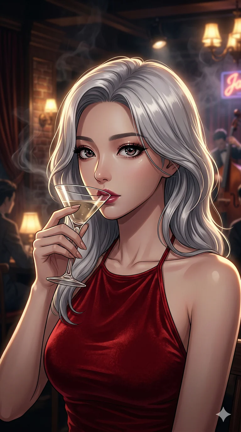 score_9, masterpiece, best quality, ultra-detailed, semi-realistic high-budget anime keyframe, an incredibly beautiful Korean woman. Close-up portrait filling more than half of the frame. She has an absolutely perfect 8-heads proportion, an exceptionally tall female figure with a delicate skinny figure. Her face is a highly detailed masterpiece featuring a v-shaped jawline, high-bridge nose, intricate jewel-like eyes, thick eyelashes, and glossy lips. She has silver flowing hair. She is sipping a martini, wearing a tight-fitting red velvet halter top revealing elegant collarbones and shoulders, highlighting her alluring silhouette. An exclusive underground jazz bar, moody amber lighting, cinematic smoke, dramatic rim lighting, 2k, ultra detail, master piece, 9:16 ratio