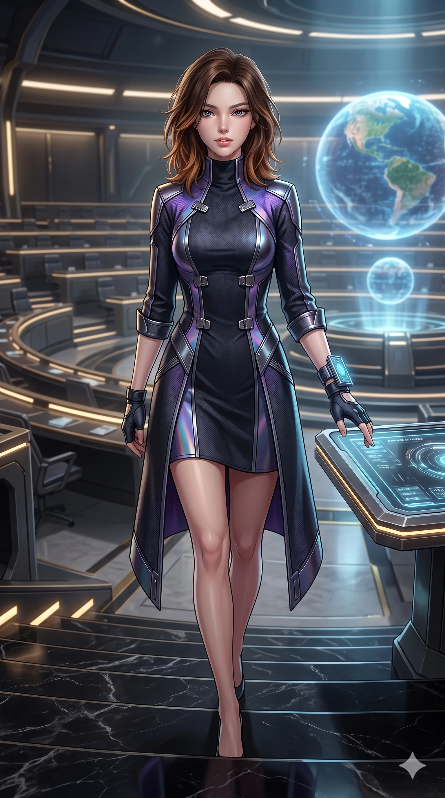 score_9, masterpiece, best quality, ultra-detailed, high-budget anime keyframe, semi-realistic 3D game render, editorial fashion photography, tasteful artistic composition, Korean woman. close-up cowboy shot from the waist and thighs up, the character dominates the composition, filling the frame with her large presence. leaning forward over the holographic console while arching her lower back to accentuate her curvy hips, looking into the camera with an intoxicating smoldering bedroom-gaze while walking slowly down the grand marble council steps with hypnotic grace, hips swaying in an alluring sensual rhythm that accentuates her curvy hourglass silhouette and long slender legs. The background shows a soft-focus colossal floating holographic rotating planetary spheres, multi-tiered semicircular council seating rows, and recessed lighting strips softened in prestigious sci-fi senate shallow focus. She has an exceptionally elegant, slender, and willowy female figure with an ultra-slim waist, flat toned midriff, narrow ribcage, and sculpted feminine hips creating an alluring, slim hourglass silhouette without bulk. sharp v-shaped jawline, high-bridge nose, intricate jewel-like sparkling eyes with depth, thick eyelashes, glossy parted lips with a natural sheen, bright confident smile with an enchanting and coquettish sensual glint, exuding both youthful magnetic charm and sovereign high-tech allure, flawlessly proportioned anatomical accuracy, strict slender model proportions, natural body alignment, perfectly sculpted long slender limbs, ultra-slim waistline, clean dynamic posture without body distortion. wearing a prestigious diplomatic high-neck sci-fi senate coat dress in structured nano-wool with polished titanium clasp hardware in iridescent dark chrome and holographic violet, made of flexible bullet-resistant ballistic microfiber with high-tensile strength, complemented by fingerless armored tactical gloves and a glowing holographic wrist terminal, the bespoke structured tailoring following the natural line of her 8.5-heads silhouette with refined elegance. illuminated by polished black stone dais bounce and sharp gold-cyan rim lights sculpting her razor-sharp jawline, narrow waist, and curvy hips. highly saturated vibrant anime colors, detailed shading with soft gradients, rich glossy textures, high-contrast stereoscopic depth, volumetric dynamic lighting, master piece, 9:16 ratio