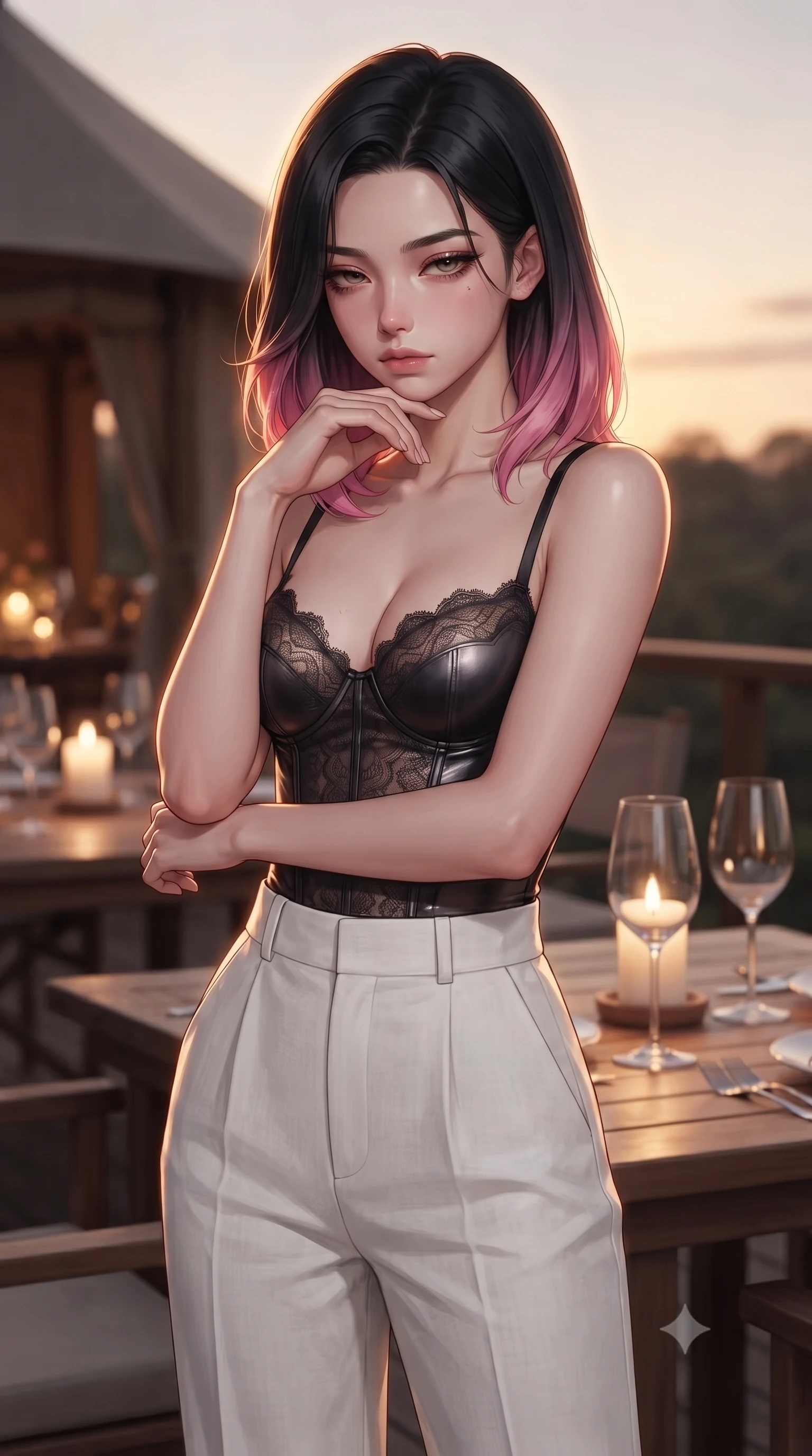 score_9, masterpiece, best quality, ultra-detailed, high-budget anime keyframe, editorial fashion photography, tasteful artistic composition, Korean woman. close-up cowboy shot from the waist and thighs up, the character dominates the composition, filling the frame with her large presence, background elements kept in soft focus. resting her chin on the backs of her fingers, casting a heavy-lidded, sultry look past the camera the background shows a soft-focus a glamping dining deck with wooden tables, candles, and wine glasses at dusk. She has an exceptionally elegant, slender, and willowy female figure with an ultra-slim waist, a gracefully sculpted slender torso, and a refined silhouette. sharp v-shaped jawline, high-bridge nose, intricate jewel-like eyes with depth, thick eyelashes, glossy lips with a natural sheen. wearing a tailored delicate lace corset top in black silk, paired with high-waisted white linen trousers. warm golden hour sunset tracing her silhouette with a soft glowing rim light. ultra-reflective glossy finish, specular highlights, metallic sheen, high-contrast stereoscopic depth, volumetric dynamic lighting, 2k, ultra detail, master piece, 9:16 ratio
