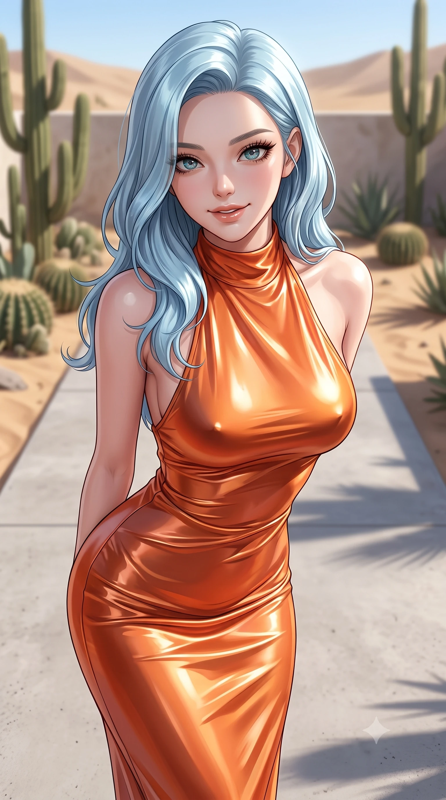 score_9, masterpiece, best quality, ultra-detailed, high-budget anime keyframe, editorial fashion photography, tasteful artistic composition, Korean woman. close-up cowboy shot from the waist and thighs up, the character dominates the composition, filling the frame with her large presence, background elements kept in soft focus. leaning slightly forward with a playful, teasing smile, her gaze locked onto the viewer the background shows a soft-focus a minimalist concrete patio of a desert villa, with cacti and sand landscaping. She has an exceptionally elegant, slender, and willowy female figure with an ultra-slim waist, a gracefully sculpted slender torso, and a refined silhouette. sharp v-shaped jawline, high-bridge nose, intricate jewel-like eyes with depth, thick eyelashes, glossy lips with a natural sheen. wearing a slim-fit form-fitting liquid silk halter-neck maxi dress in sunset orange, draped elegantly to highlight her slender frame. bright midday sun rays creating clean, sharp shadows and reflections. ultra-reflective glossy finish, specular highlights, metallic sheen, high-contrast stereoscopic depth, volumetric dynamic lighting, 2k, ultra detail, master piece, 9:16 ratio