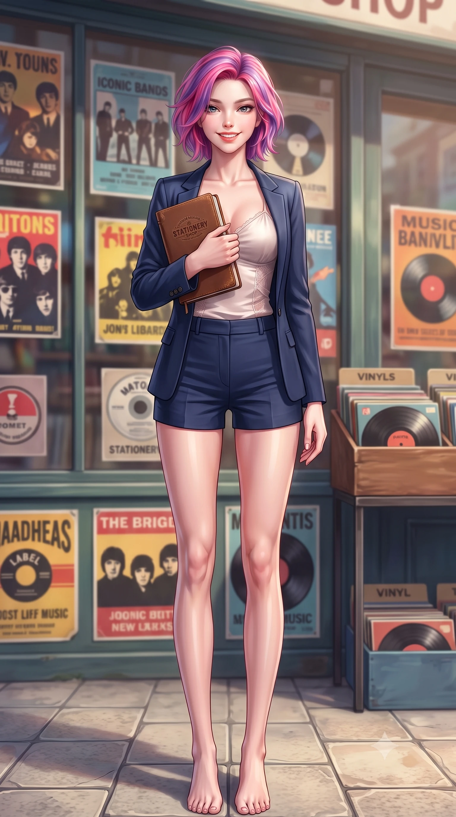 score_9, masterpiece, best quality, ultra-detailed, high-budget anime keyframe, editorial fashion photography, tasteful artistic composition, Caucasian woman. low angle full-body shot from head to toe showing her feet, filling the entire 9:16 vertical frame with her statuesque presence, stretching her vertical silhouette. standing with a cute, bright pose, tilting her head with a beaming smile set against a soft-focus background of in front of a vintage vinyl record shop with retro music posters in the window holding a classic leather notebook bought from the stationery shop. She has an absolutely perfect, statuesque 8.5-heads proportion, an exceptionally tall and slender model-like female figure with impossibly long slender legs and an ultra-slim waist. sharp v-shaped jawline, high-bridge nose, intricate jewel-like eyes with depth, thick eyelashes, glossy lips with a natural sheen. wearing body-hugging delicate silk camisole with lace panels and a tailored blazer worn open over form-contouring shorts. soft diffused daylight creating a warm, cozy and nostalgic atmosphere. highly saturated vibrant anime colors, detailed shading with soft gradients, rich glossy textures, high-contrast stereoscopic depth, volumetric dynamic lighting, master piece, 9:16 ratio