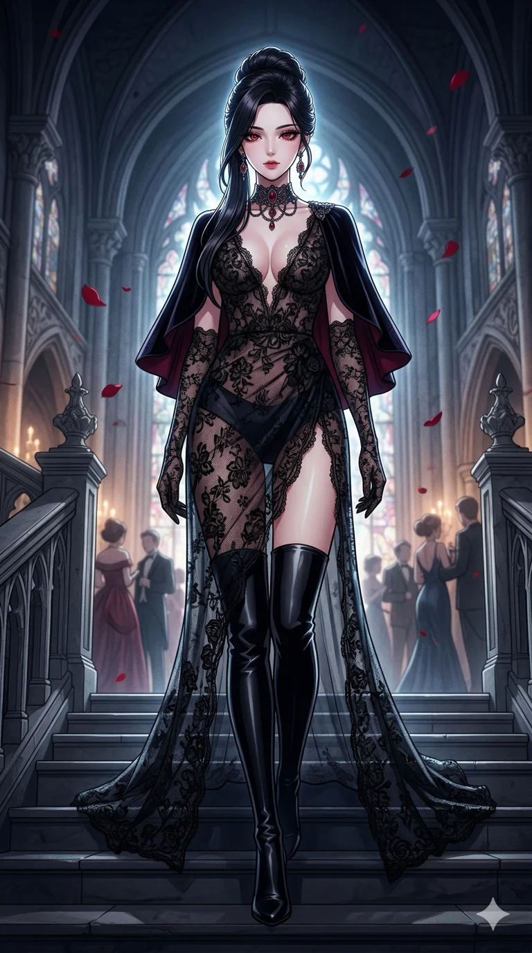 score_9, masterpiece, best quality, ultra-detailed, semi-realistic high-budget anime keyframe, an incredibly beautiful Korean woman. Dynamic low angle full-body shot stretching the vertical silhouette to fill the frame. She is a high-society vampire queen attending a secret gala in a neo-gothic palace. She has an absolutely perfect 8-heads proportion, an exceptionally tall female figure with long slender legs and a voluptuous yet slim-fit body. Her face is a masterpiece of elegance with porcelain skin, intricate jewel-like crimson eyes, and thick eyelashes. She is wearing a high-cut sheer lace gown with a deep-V neckline and thigh-high boots, highlighting her alluring silhouette. Floating blood-red rose petals, dramatic rim lighting, radiant glowing skin, 2k, ultra detail, master piece, 9:16 ratio