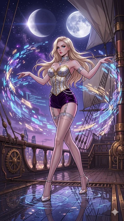 score_9, masterpiece, best quality, ultra-detailed, high-budget anime movie keyframe, cinematic anime lighting, intricate line art, Caucasian (strictly human ears) woman. Low angle cowboy shot filling the entire 9:16 frame with her statuesque presenc