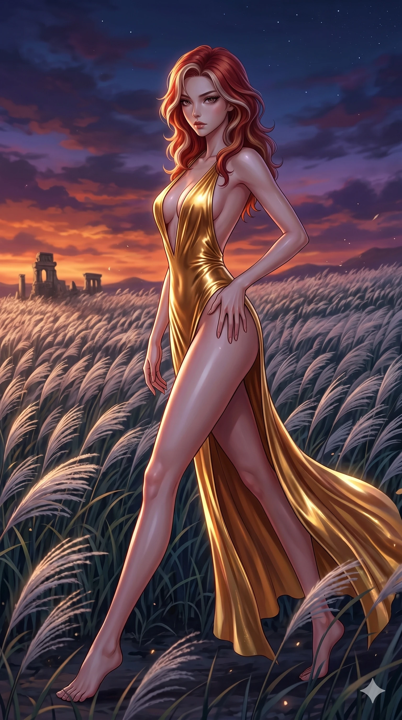 score_9, masterpiece, best quality, ultra-detailed, High-budget Anime Keyframe, East Asian woman. Dynamic full-body shot stretching the vertical silhouette to the limit. Scenario 48: Walking through a field of tall silver grass at twilight. Her presence is magnetic and overpowering in this high-budget anime scene. Outfit 48: A molten liquid silk gold with a plunging V-neckline and tight-fitting silhouette. The clothing is designed to emphasize her exceptionally tall and slender 8-heads proportion. 8-heads proportion, towering silhouette, ultra-slim waist. sharp v-shaped jawline, intricate jewel-like eyes with depth, thick eyelashes, glossy lips. 2k, ultra detail, master piece, 9:16 ratio