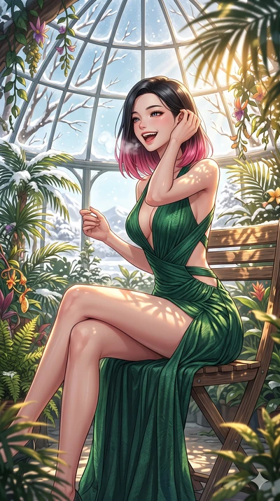 score_9, masterpiece, best quality, ultra-detailed, high-budget anime keyframe, vibrant anime aesthetic, Korean woman. cowboy shot from the thighs up, character and outfit filling the frame for maximum presence. She is sitting on a cafe terrace, look