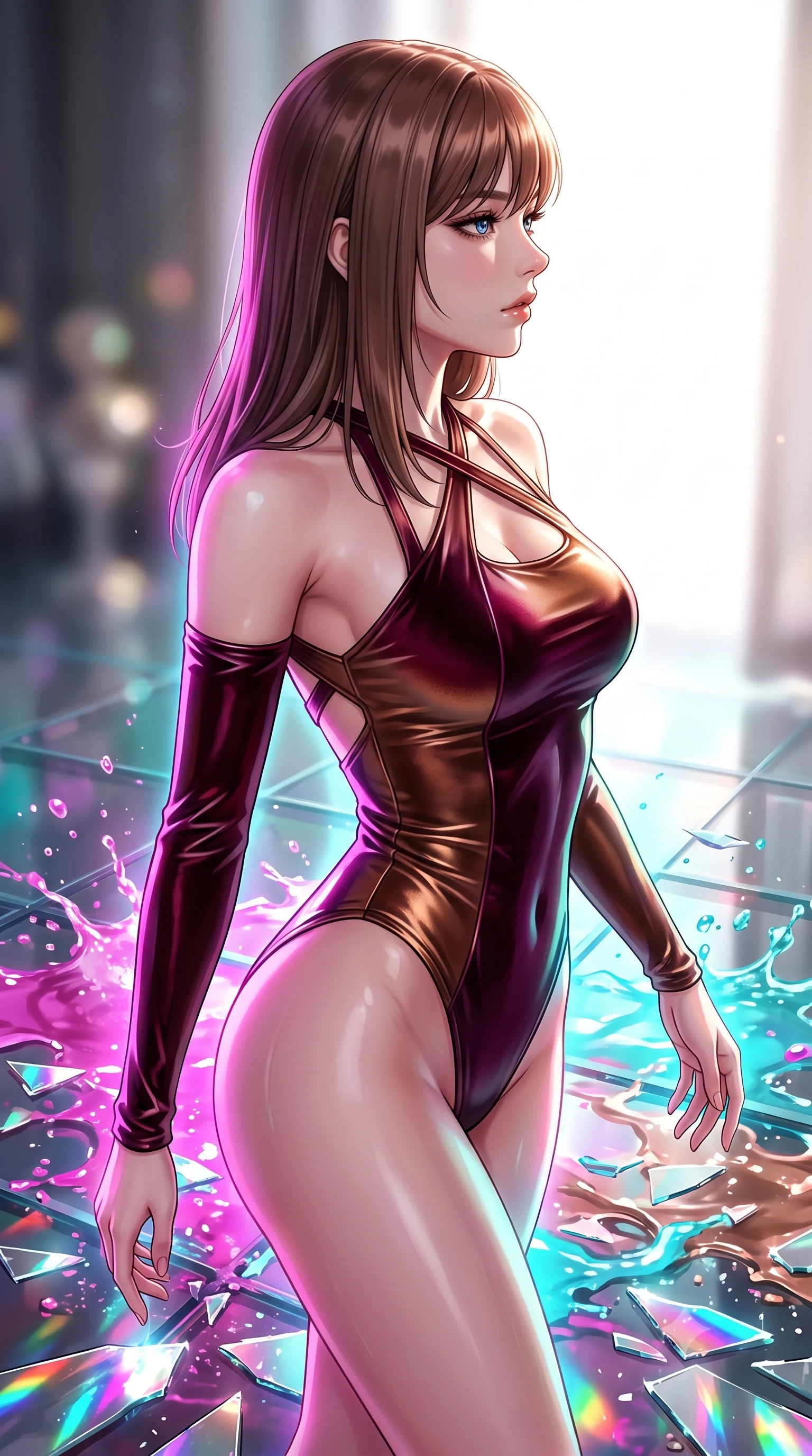 score_9, masterpiece, best quality, ultra-detailed, high-budget anime keyframe, editorial fashion photography, tasteful artistic composition, Korean woman. close-up cowboy shot from the waist and thighs up, the character dominates the composition, filling the frame with her large presence, background elements kept in soft focus. Turning her face in sharp dramatic profile against the bright light, showcasing her sharp v-shaped jawline stepping across a reflective glass floor drenched in vibrant fluid splashes, shattered mirror shards scattering brilliant rainbow reflections everywhere. She has an exceptionally elegant, slender, and willowy female figure with an ultra-slim waist, a gracefully sculpted slender torso, and a refined silhouette. sharp v-shaped jawline, high-bridge nose, intricate jewel-like eyes with depth, thick eyelashes, glossy lips with a natural sheen. wearing an asymmetrical high-cut tech-bodysuit with detached sleeves in deep burgundy and bronze, made of premium stretch velvet with a rich sheen, complemented by criss-cross back straps highlighting her bare shoulders, the form-contouring material highlighting her ultra-slim waist and long lines. surrounded by a radiant glow of magenta and aqua fluid highlights. highly saturated vibrant anime colors, detailed shading with soft gradients, rich glossy textures, high-contrast stereoscopic depth, volumetric dynamic lighting, master piece, 9:16 ratio