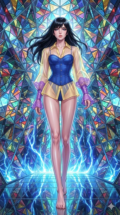score_9, masterpiece, best quality, ultra-detailed, high-budget anime keyframe, editorial fashion photography, tasteful artistic composition, Caucasian woman, strictly human ears. low angle full-body shot from head to toe showing her feet, filling th