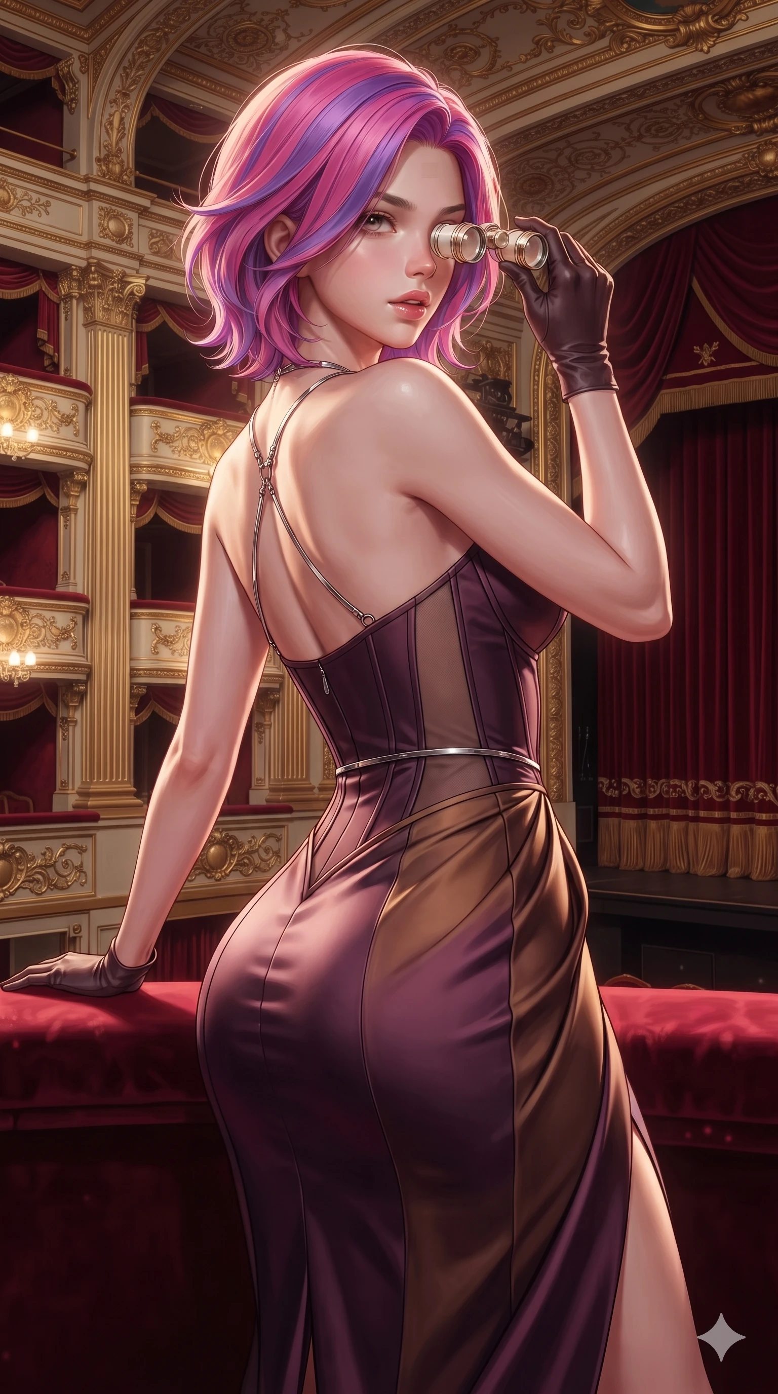 score_9, masterpiece, best quality, ultra-detailed, high-budget anime keyframe, semi-realistic 3D game render, editorial fashion photography, tasteful artistic composition, Caucasian woman. close-up cowboy shot from the waist and thighs up, the character dominates the composition, filling the frame with her large presence. posing in an alluring rear three-quarter angle, looking over a bare shoulder with parted glossy lips, her hips cocked back to highlight her slim hourglass curve while leaning against the velvet-cushioned box balustrade with hips cocked back, looking through pearl opera glasses with intoxicating, teasing bedroom-eyes. The surrounding environment is rendered in vivid detail and crisp panoramic clarity: detailed anime keyframe lines, rich glossy textures, and classical Italian opera ornamentation in high clarity. She has an exceptionally elegant, slender, and willowy female figure with an ultra-slim waist, flat toned midriff, narrow ribcage, and sculpted feminine hips creating an alluring, slim hourglass silhouette without bulk. sharp v-shaped jawline, high-bridge nose, intricate jewel-like eyes with depth, thick eyelashes, glossy parted lips with a natural sheen, intensely captivating and seductive bedroom-eyes expression, flawlessly proportioned anatomical accuracy, strict slender model proportions, natural body alignment, perfectly sculpted long slender limbs, ultra-slim waistline, clean dynamic posture without body distortion. wearing a form-fitting corseted satin bustier evening gown with sheer side waist panels and dramatic leg slit in deep plum violet and antique bronze, tailored from heavy Italian silk mikado with an architectural structured drape, accented with a chrome-drop body harness subtly framing her dewy collarbones and spine, the form-contouring silhouette accentuating her sculpted flat midriff, narrow delicate ribcage, and gracefully curvy hips with intoxicating allure. illuminated by gilded wood reflection bounce and sharp starlight-gold rim lights defining her jawline, narrow waist, and curvy hips. highly saturated vibrant anime colors, detailed shading with soft gradients, rich glossy textures, high-contrast stereoscopic depth, volumetric dynamic lighting, master piece, 9:16 ratio